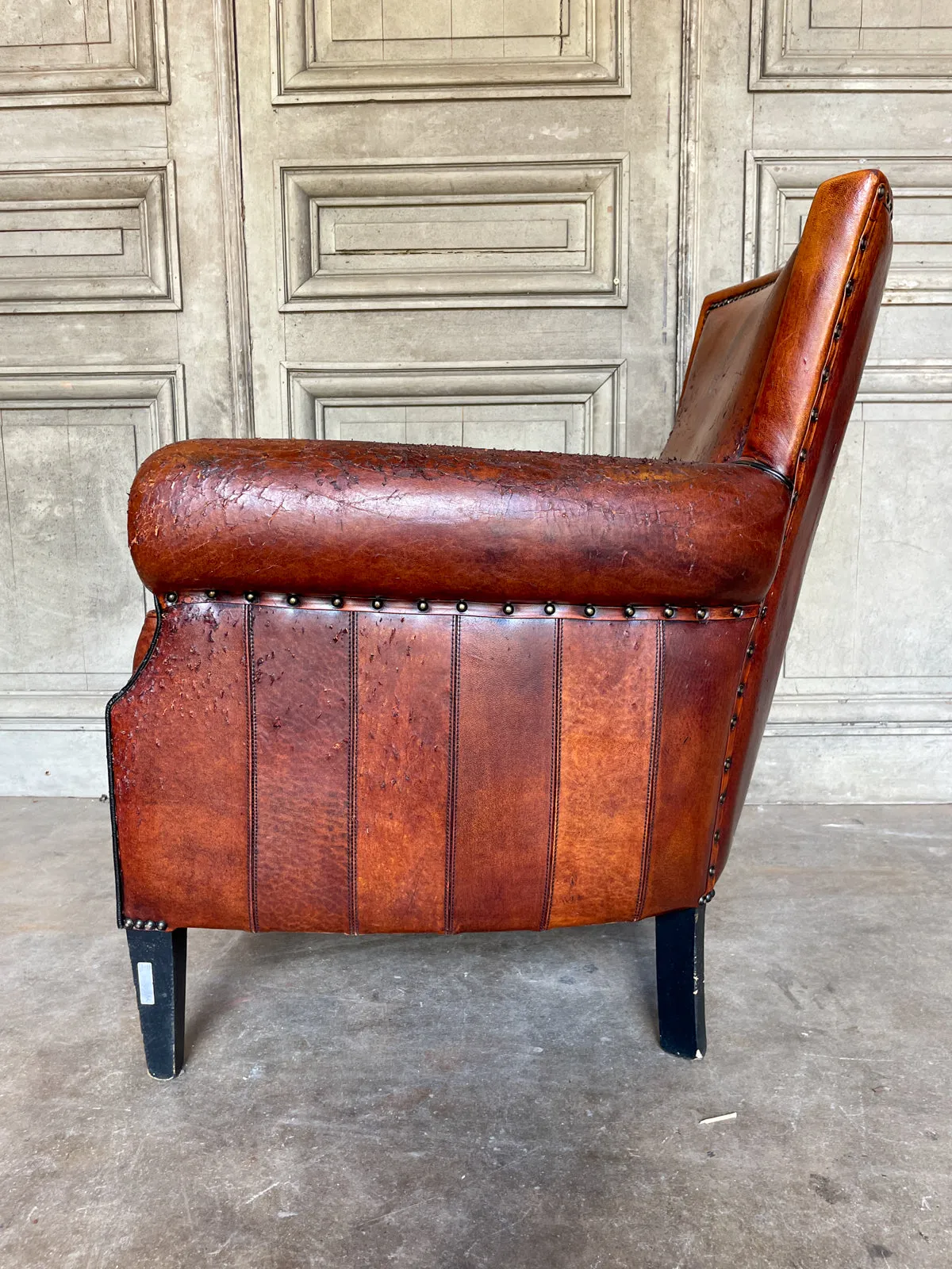 Vintage European Leather Club Chair with Brass Nailhead Detail