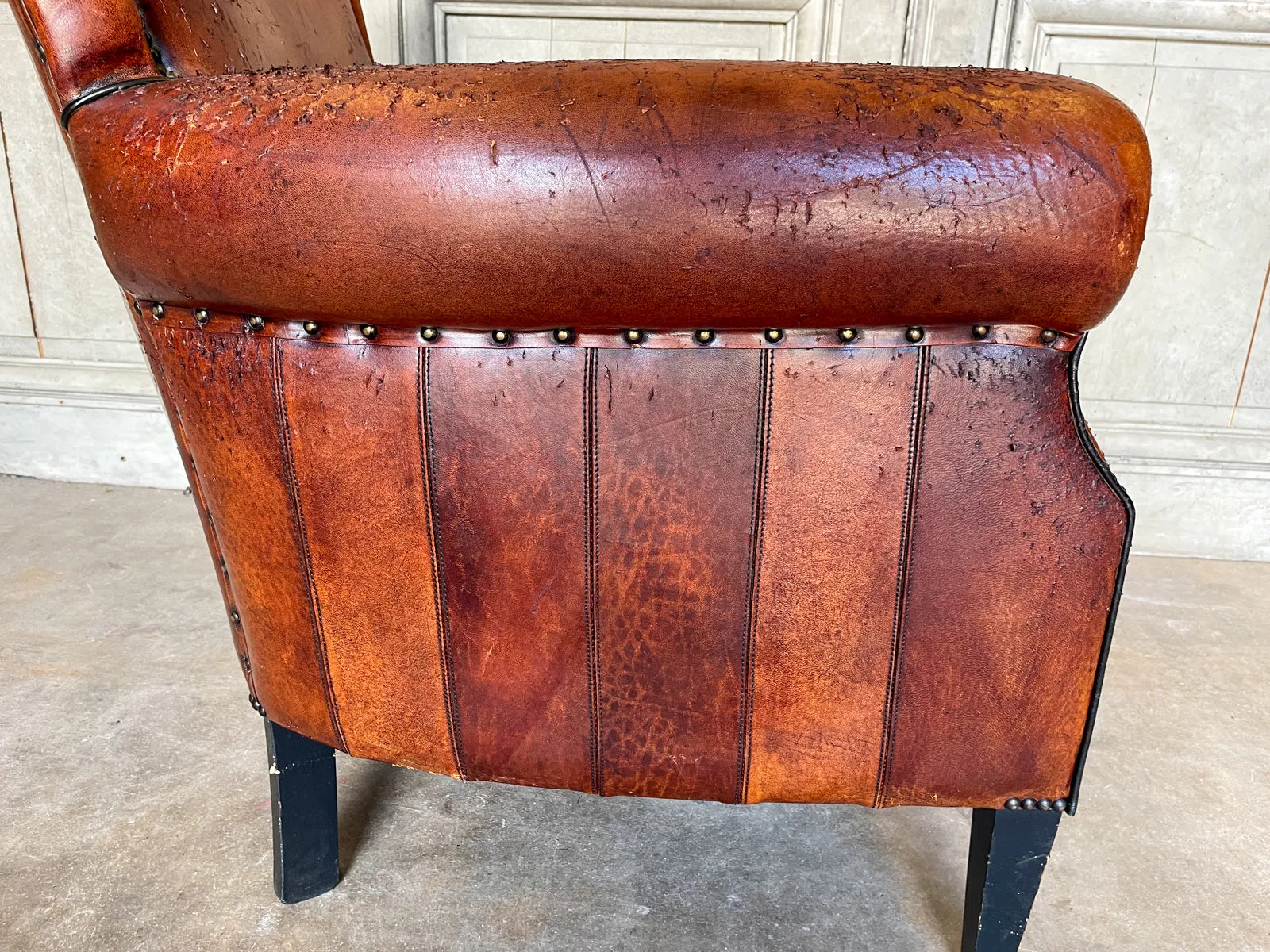 Vintage European Leather Club Chair with Brass Nailhead Detail