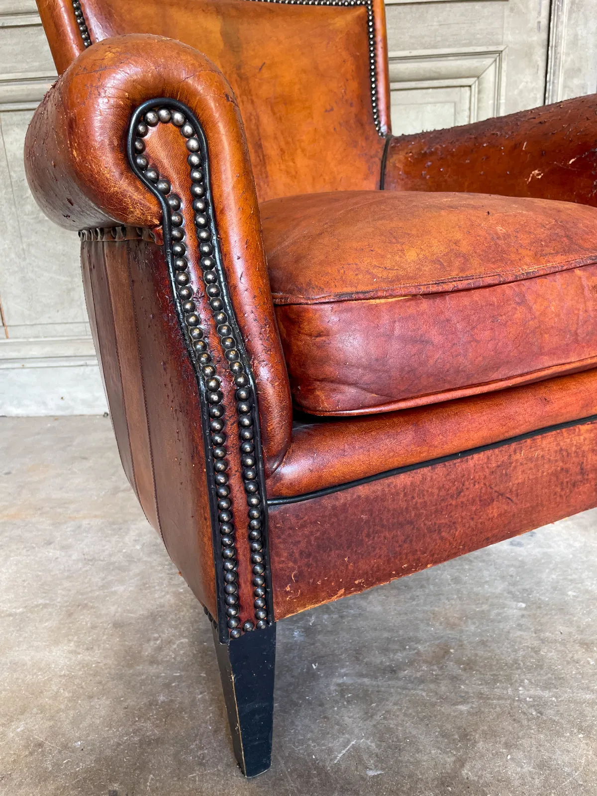 Vintage European Leather Club Chair with Brass Nailhead Detail