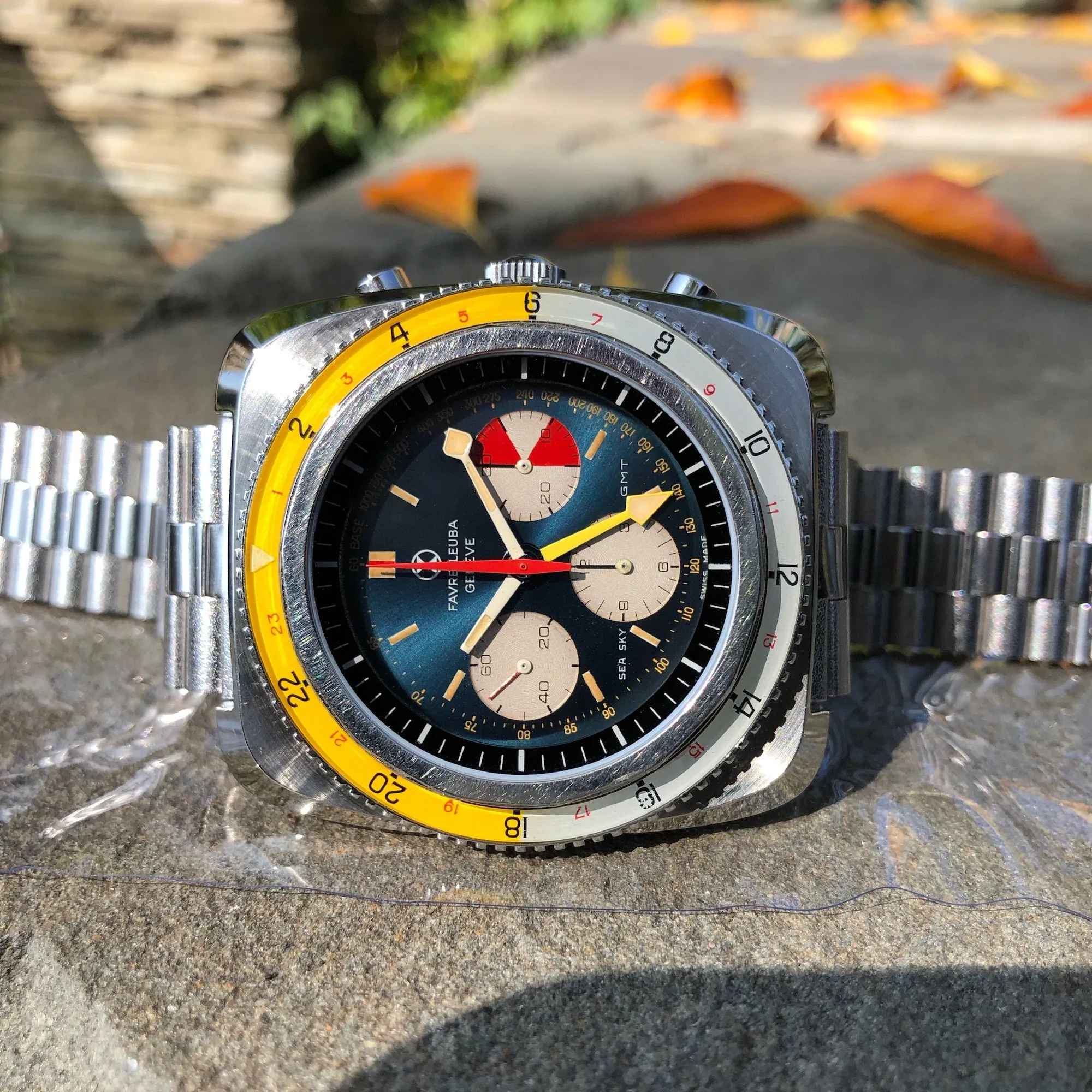 Vintage Favre Leuba Sea Sky GMT 33053 Valjoux 724 Chronograph Wristwatch
