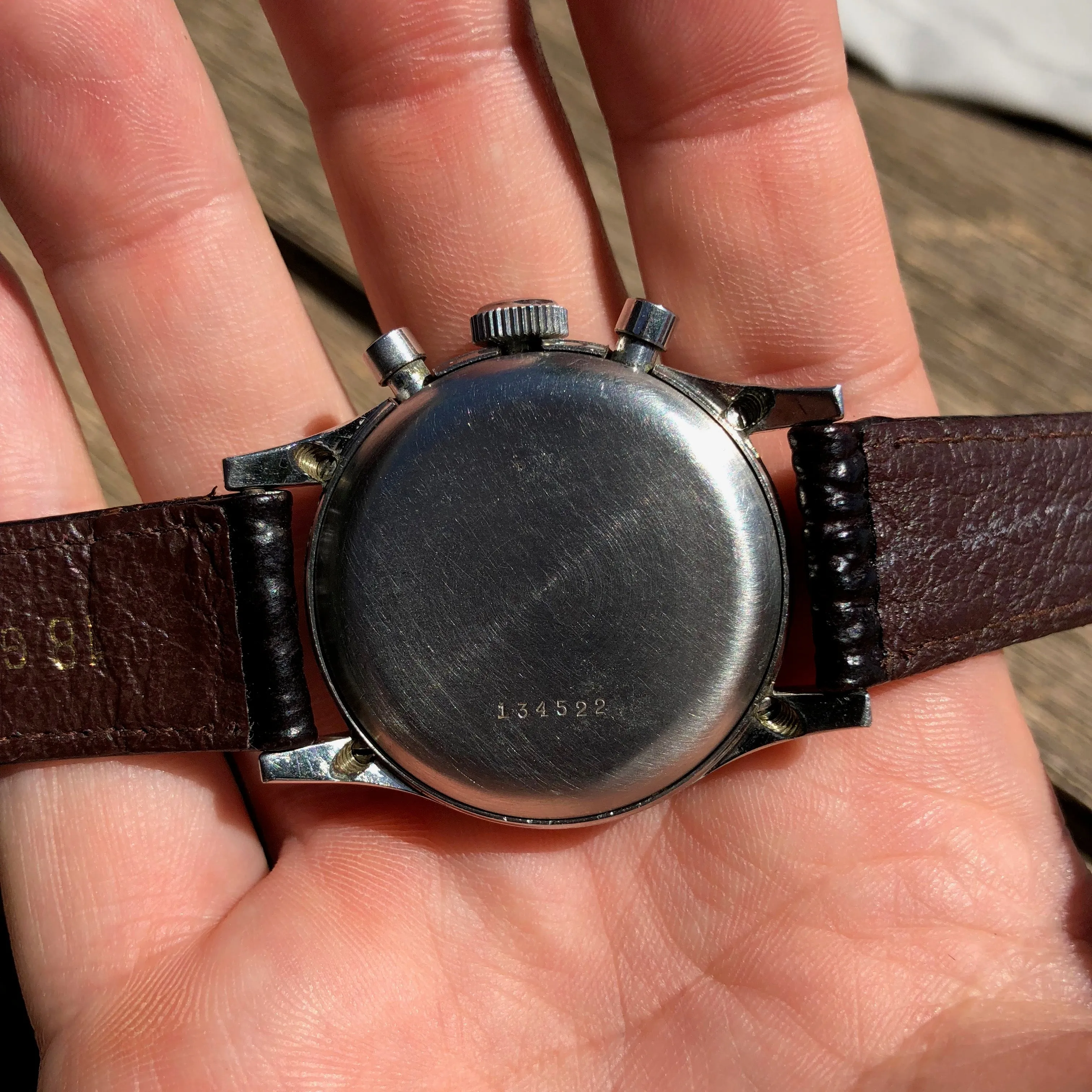 Vintage Gallet Flying Officer Clamshell Chronograph Stainless Steel 1st Gen Wristwatch