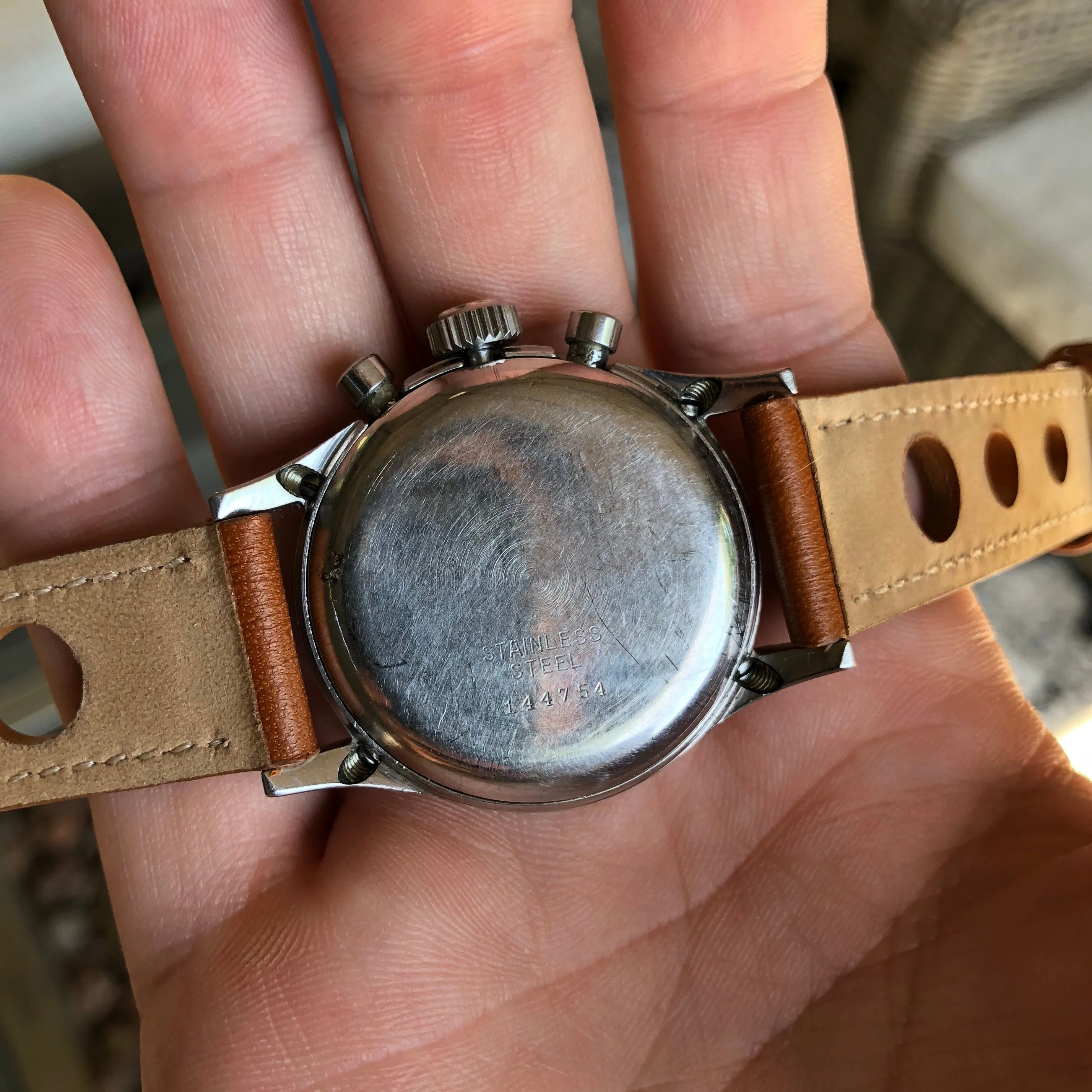 Vintage Gallet Flying Officer Clamshell Chronograph Stainless Steel Wristwatch