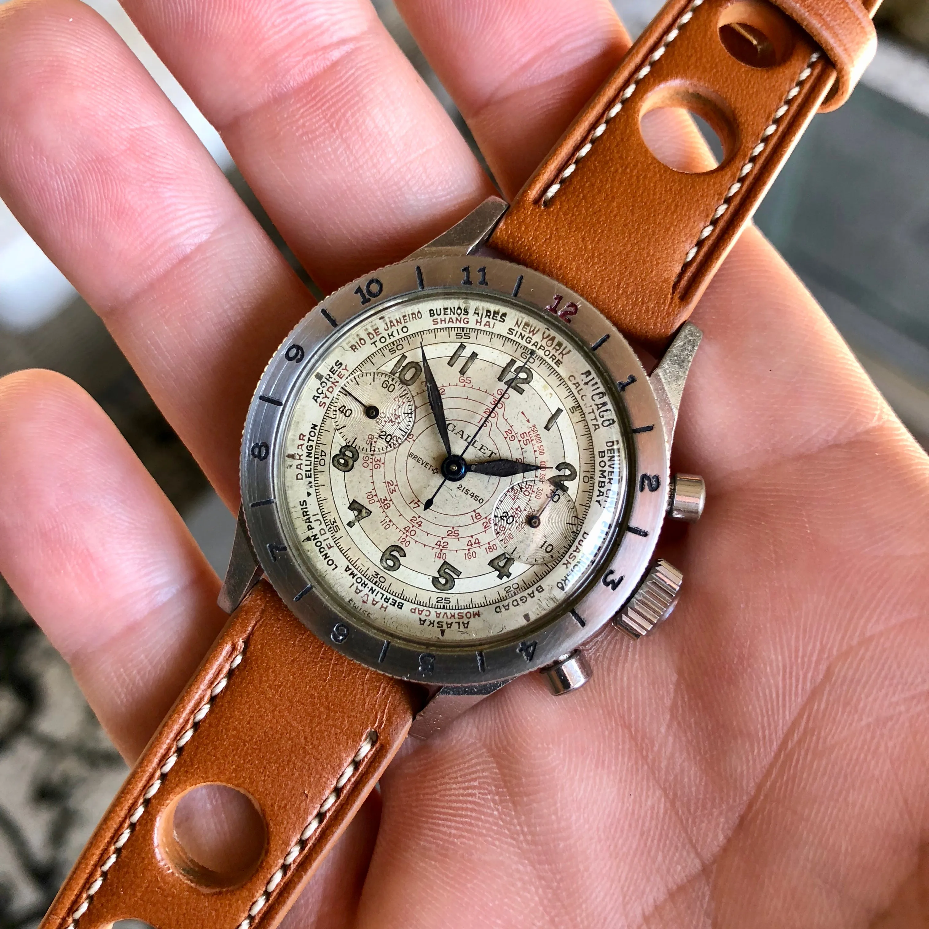 Vintage Gallet Flying Officer Clamshell Chronograph Stainless Steel Wristwatch