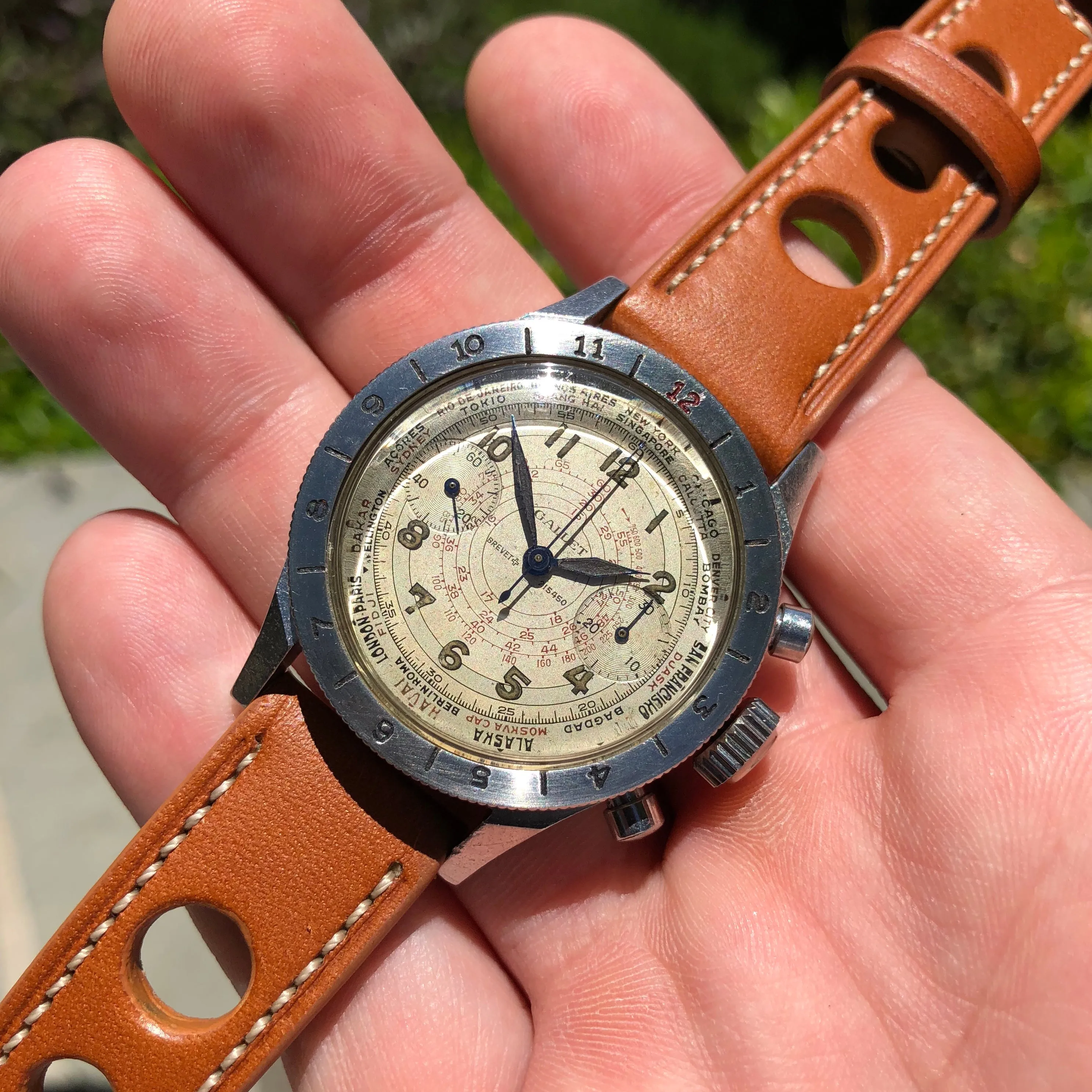 Vintage Gallet Flying Officer Clamshell Chronograph Stainless Steel Wristwatch