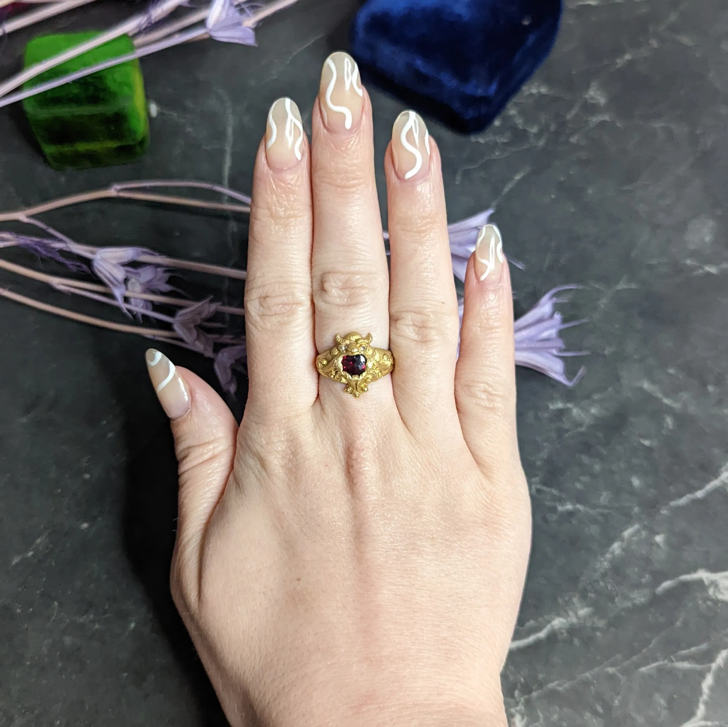 Vintage Garnet Diamond 18 Karat Gold Unisex Gargoyle Ring
