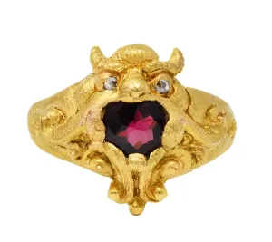 Vintage Garnet Diamond 18 Karat Gold Unisex Gargoyle Ring