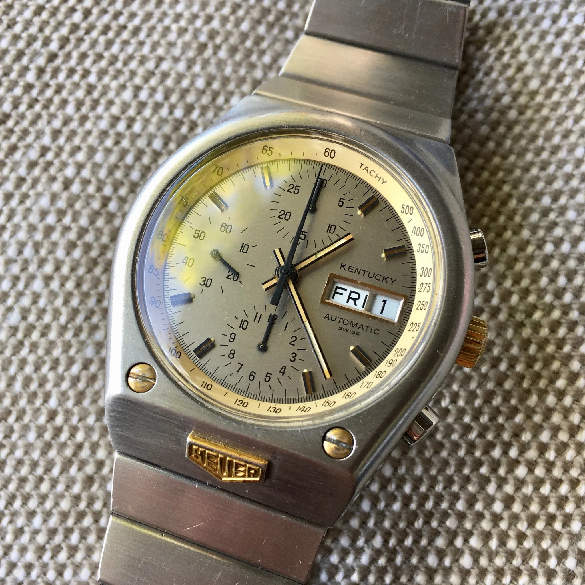 Vintage Heuer Kentucky 750.705 Steel Gold Automatic Valjoux 7750 Chronograph Watch