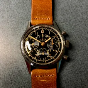 Vintage Hugex Stainless Steel Black Gilt Valjoux 72 Chronograph 37mm Wristwatch