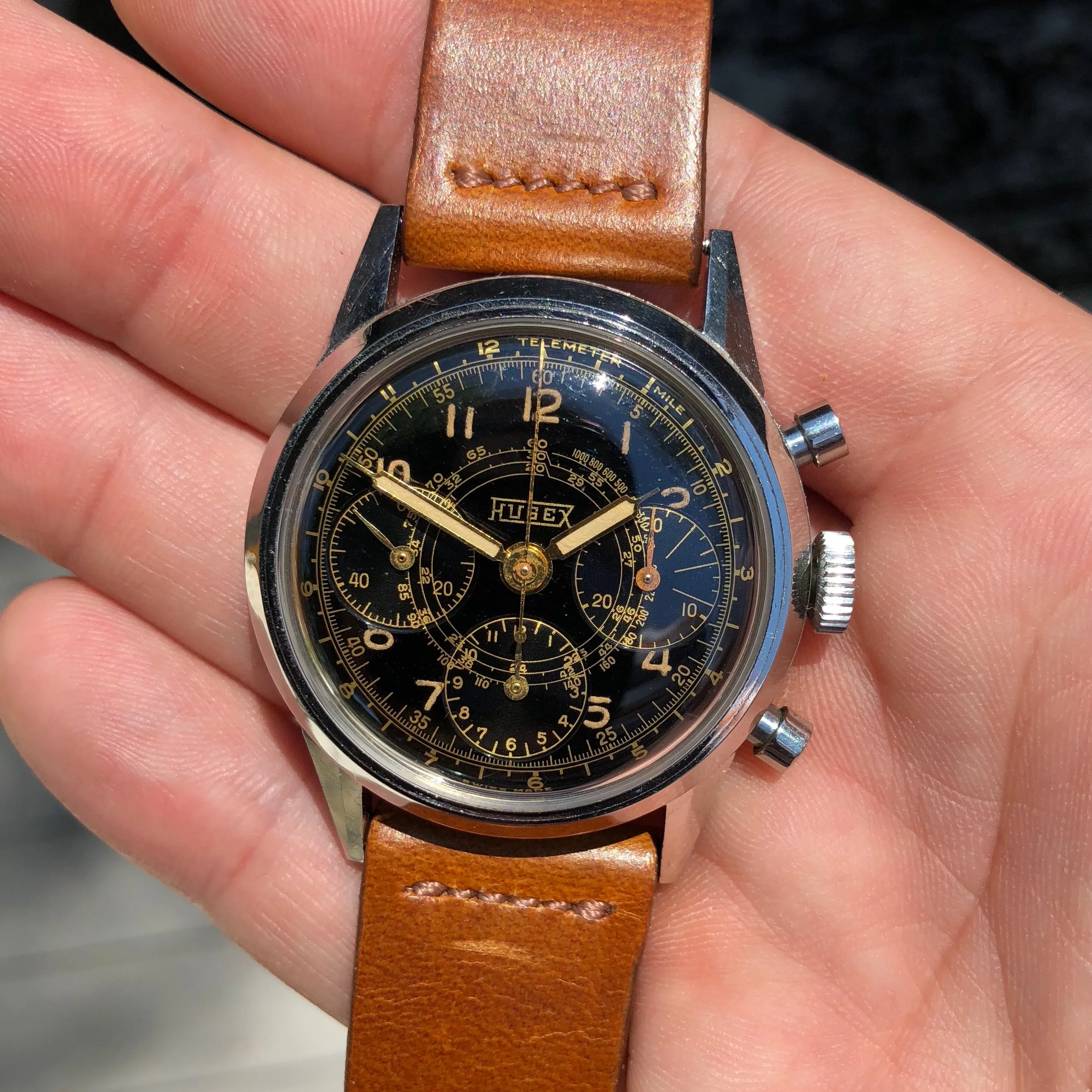 Vintage Hugex Stainless Steel Black Gilt Valjoux 72 Chronograph 37mm Wristwatch