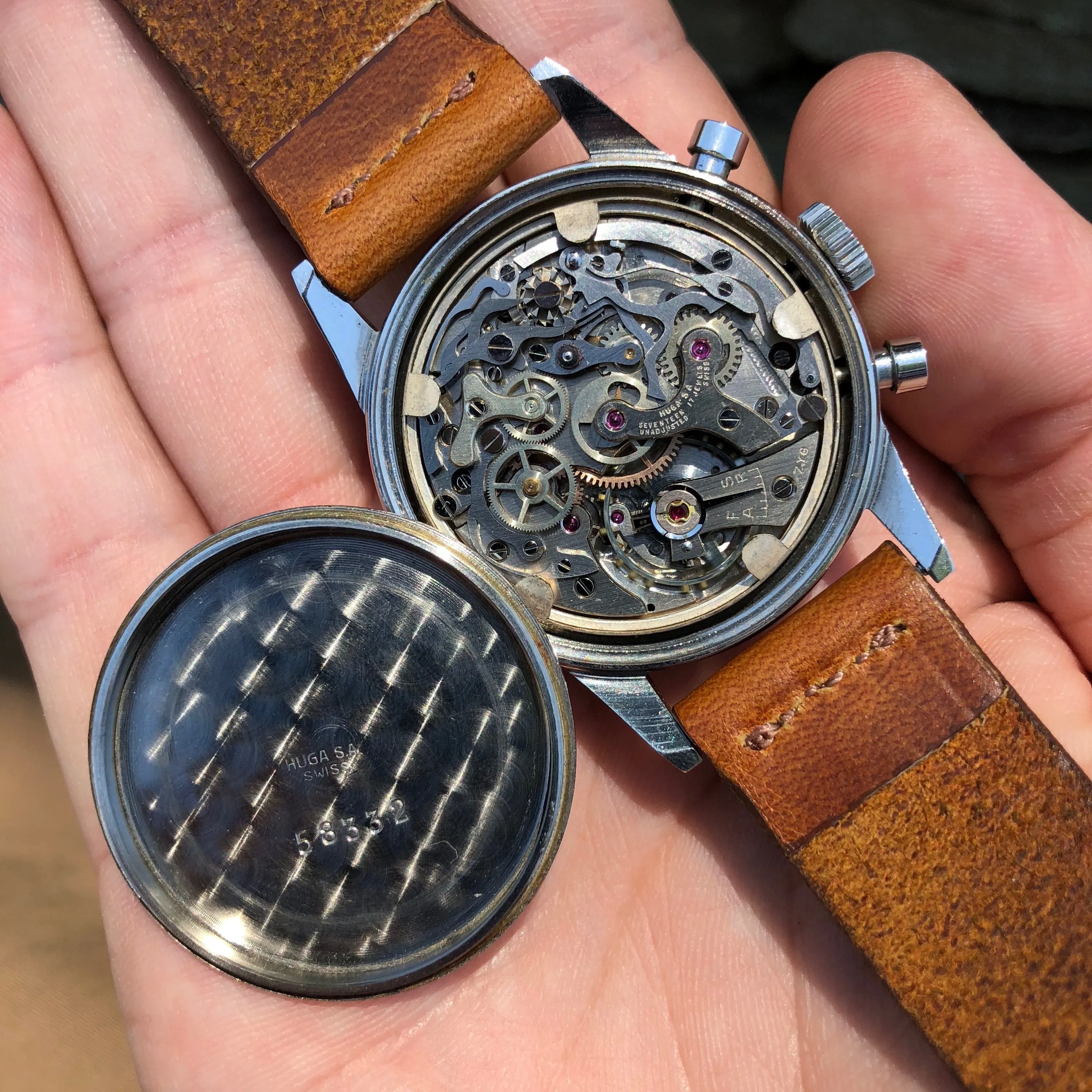 Vintage Hugex Stainless Steel Black Gilt Valjoux 72 Chronograph 37mm Wristwatch
