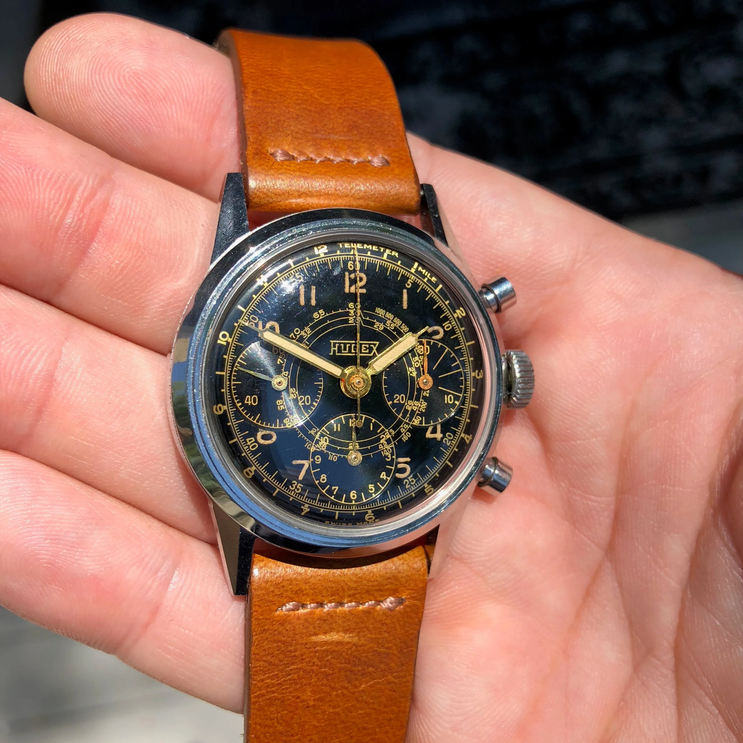 Vintage Hugex Stainless Steel Black Gilt Valjoux 72 Chronograph 37mm Wristwatch