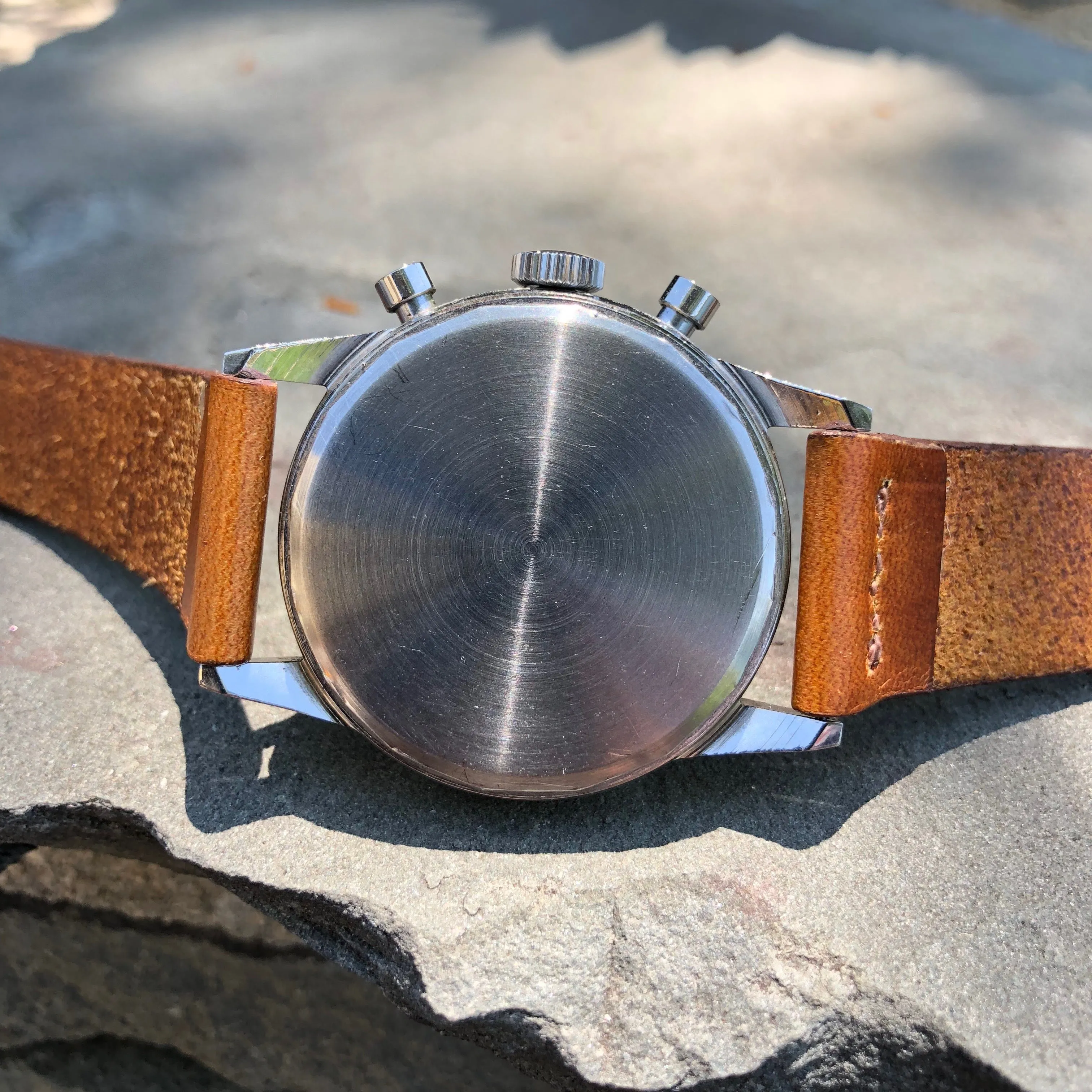 Vintage Hugex Stainless Steel Black Gilt Valjoux 72 Chronograph 37mm Wristwatch