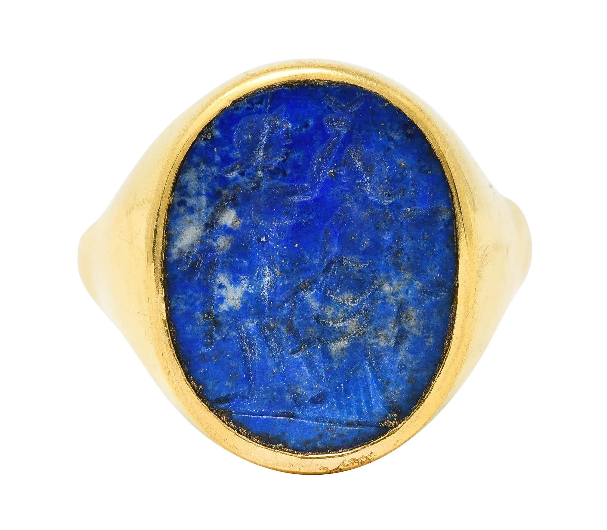Vintage Italian Lapis Lazuli 18 Karat Yellow Gold Unisex Intaglio Signet Ring