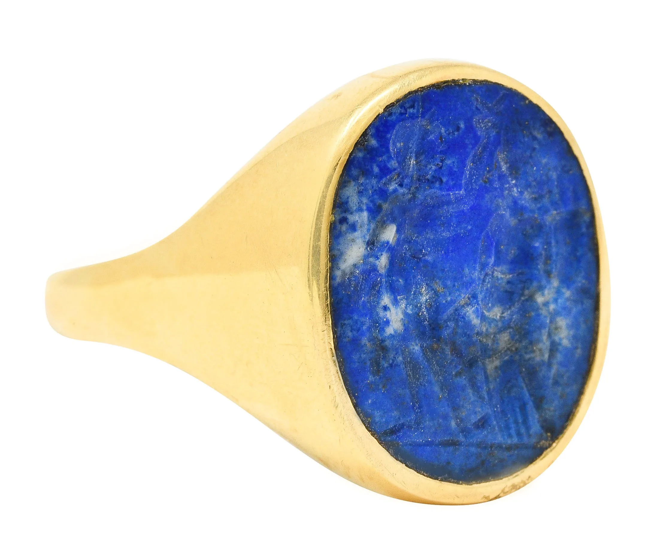 Vintage Italian Lapis Lazuli 18 Karat Yellow Gold Unisex Intaglio Signet Ring