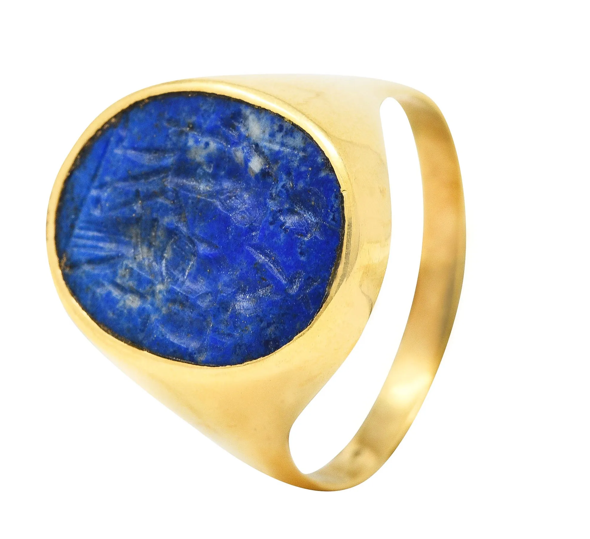 Vintage Italian Lapis Lazuli 18 Karat Yellow Gold Unisex Intaglio Signet Ring
