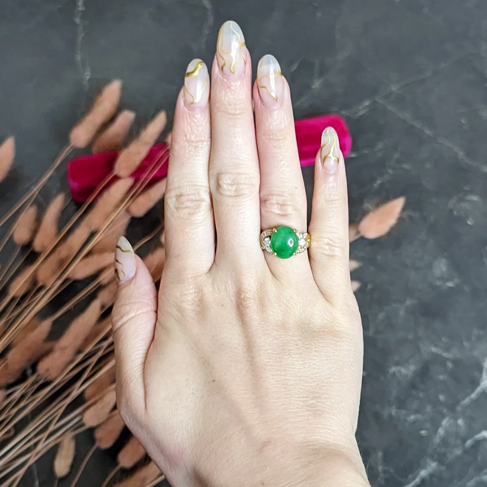 Vintage Jadeite Jade Diamond 18 Karat Yellow Gold Cabochon Band Ring GIA