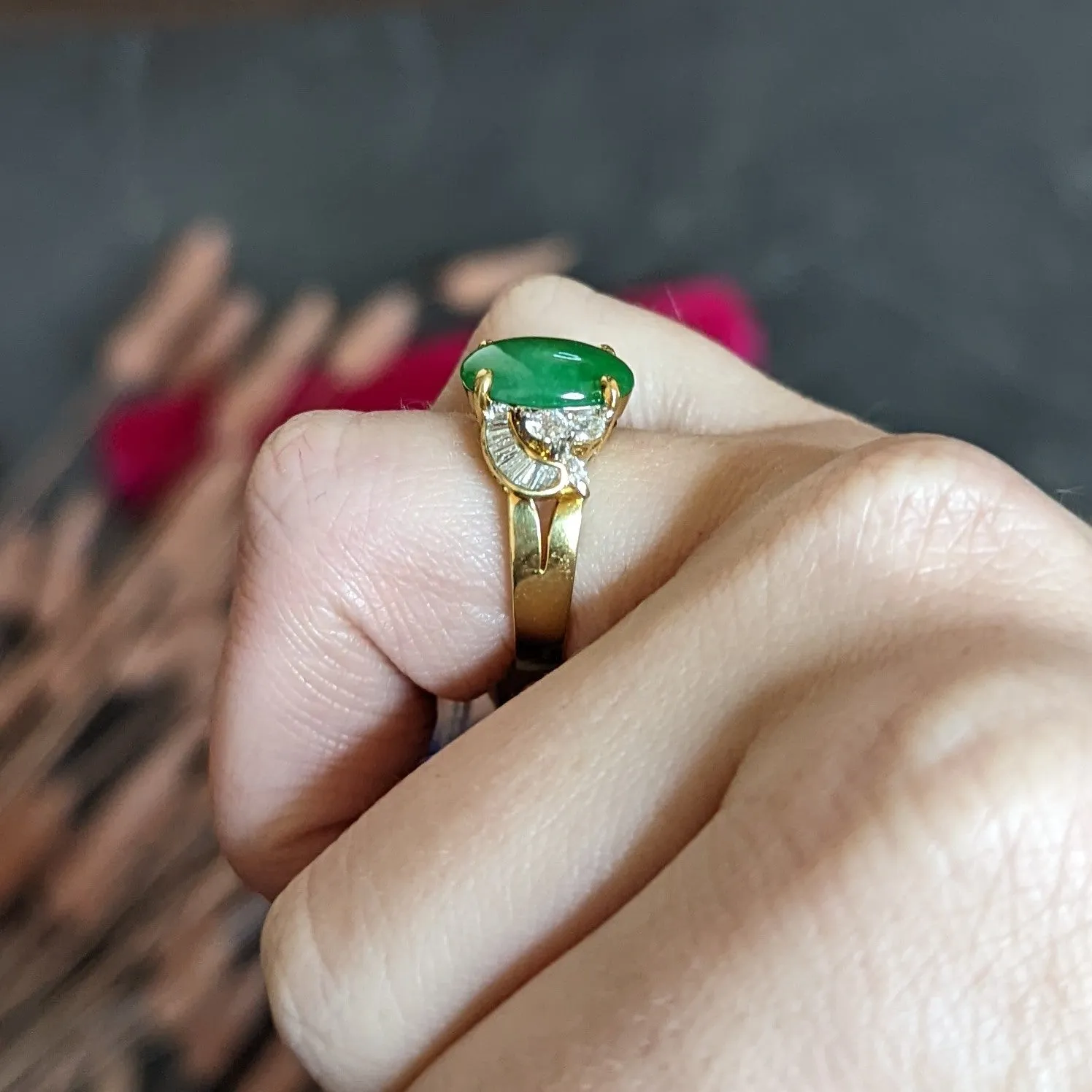 Vintage Jadeite Jade Diamond 18 Karat Yellow Gold Cabochon Band Ring GIA
