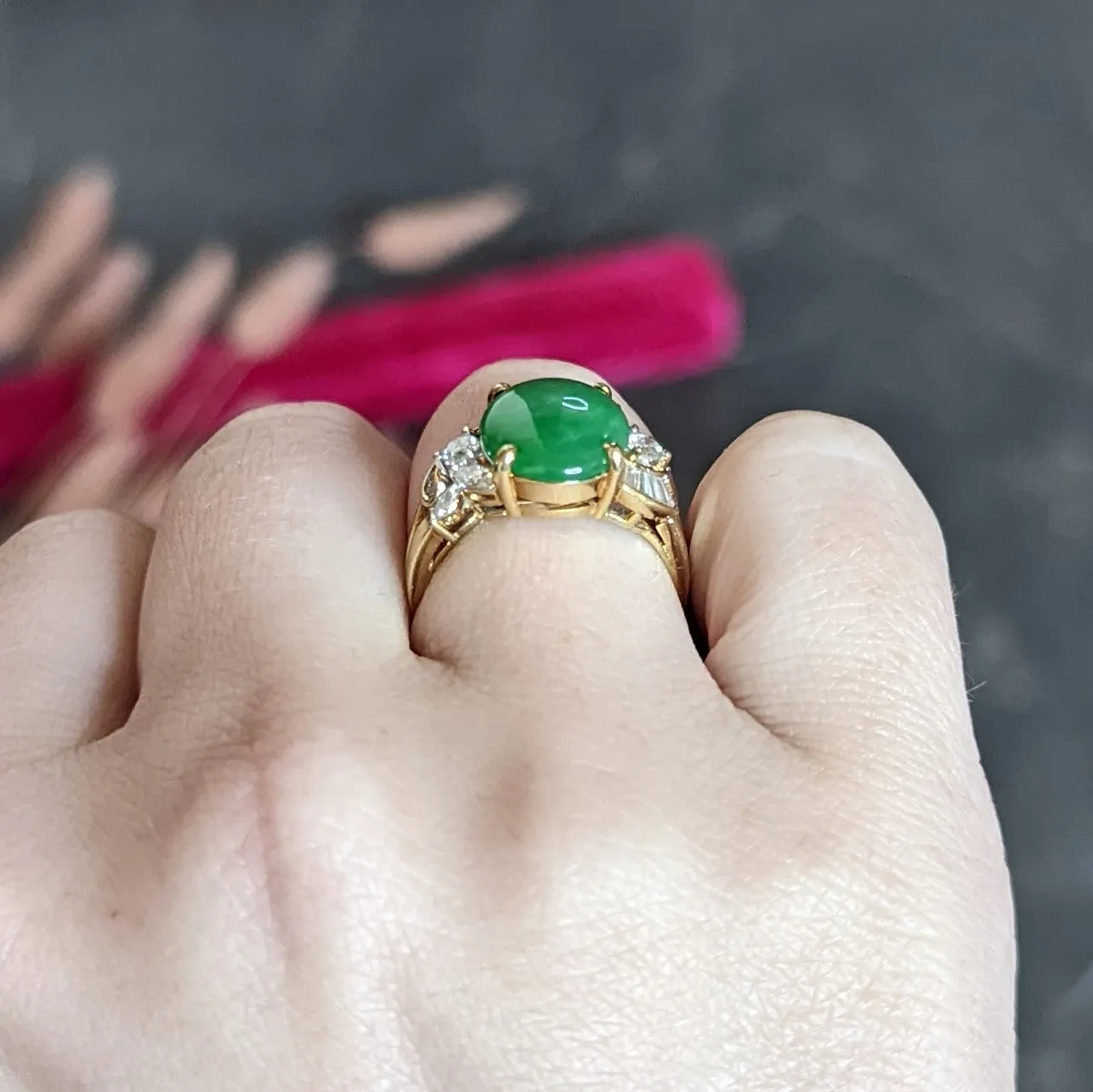 Vintage Jadeite Jade Diamond 18 Karat Yellow Gold Cabochon Band Ring GIA