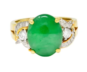 Vintage Jadeite Jade Diamond 18 Karat Yellow Gold Cabochon Band Ring GIA