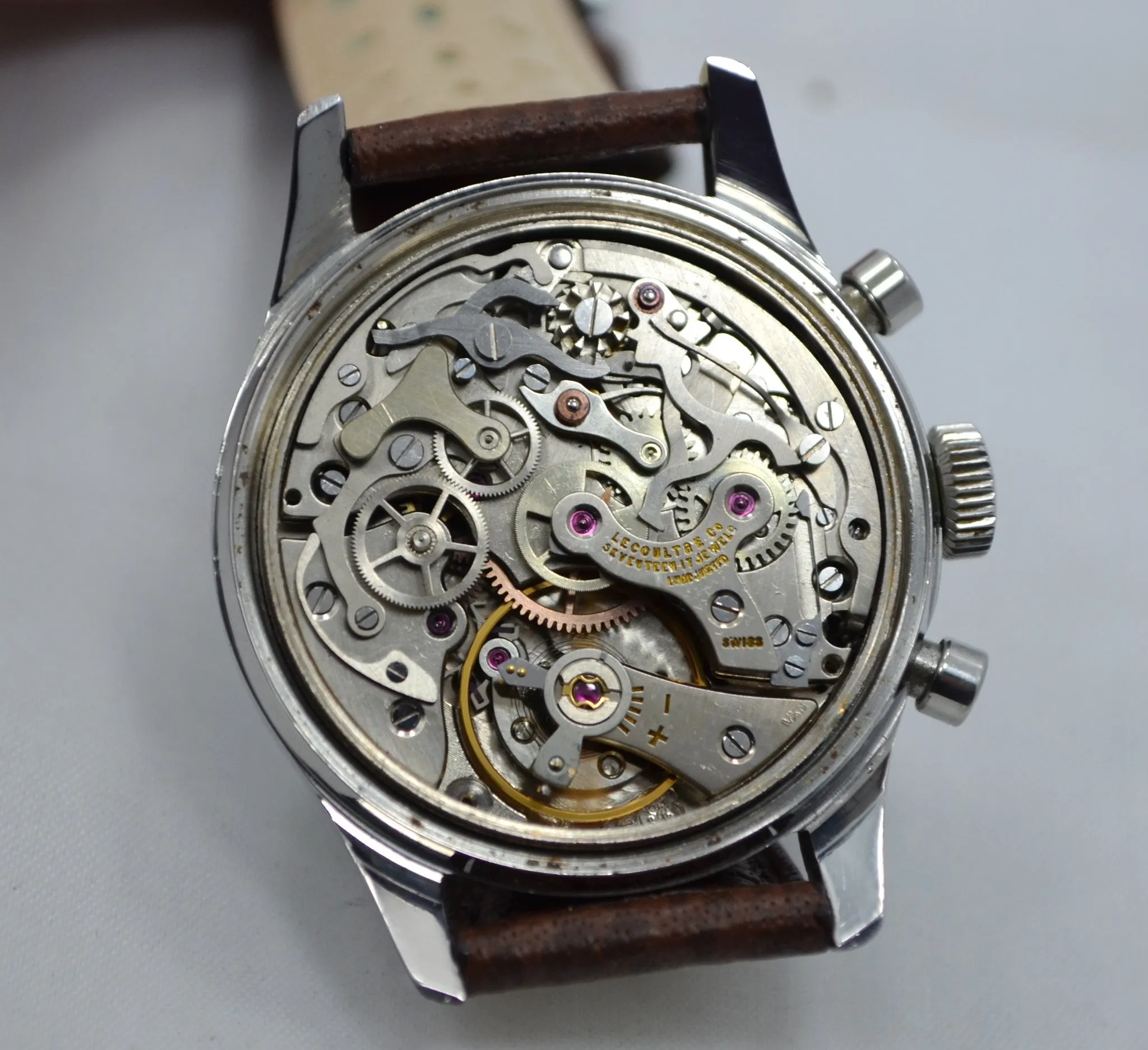 Vintage LeCoultre Stainless Steel Chronograph Valjoux 72 Wristwatch 1960's