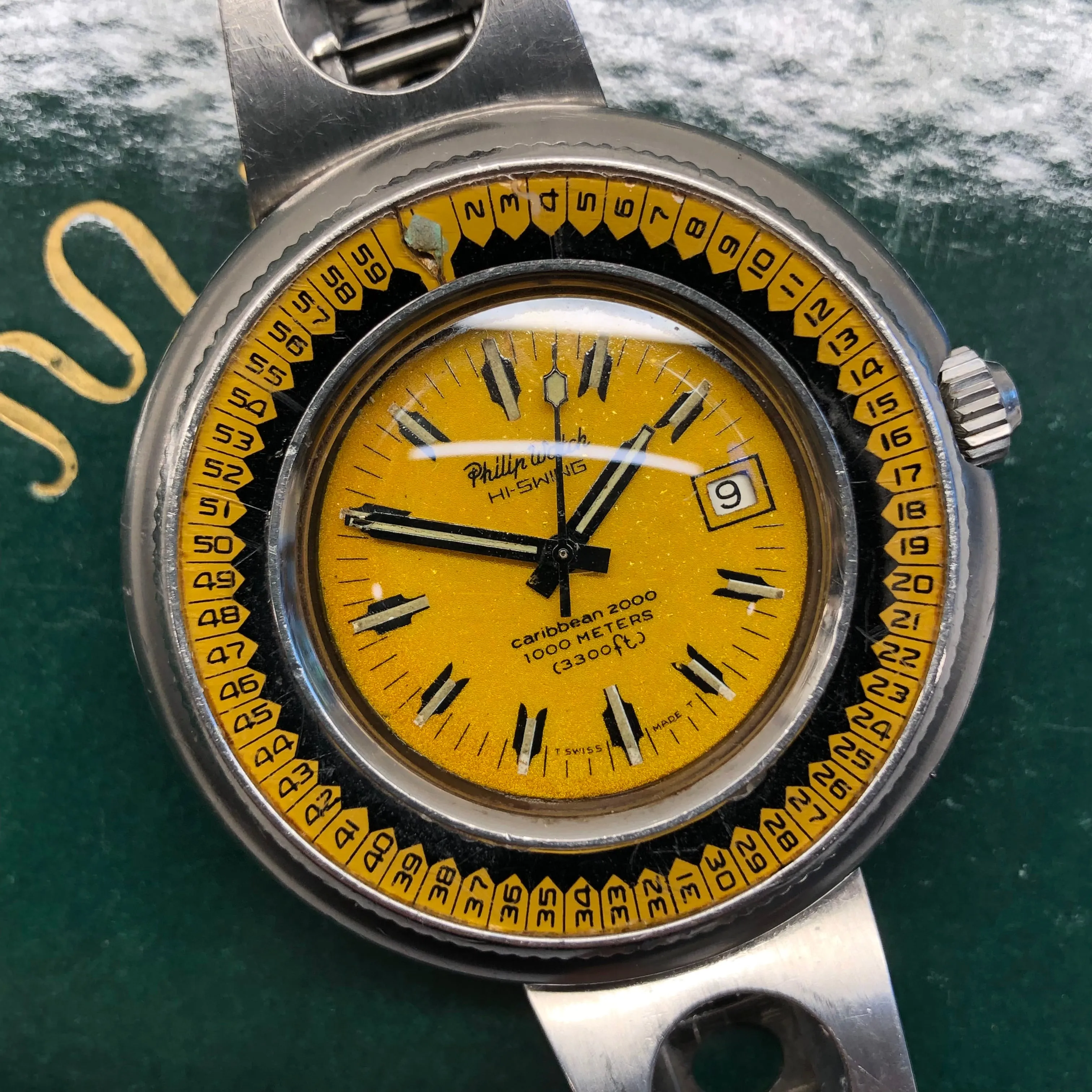 Vintage Philip Watch Hi Swing Caribbean 2000 Yellow Diving Automatic Wristwatch
