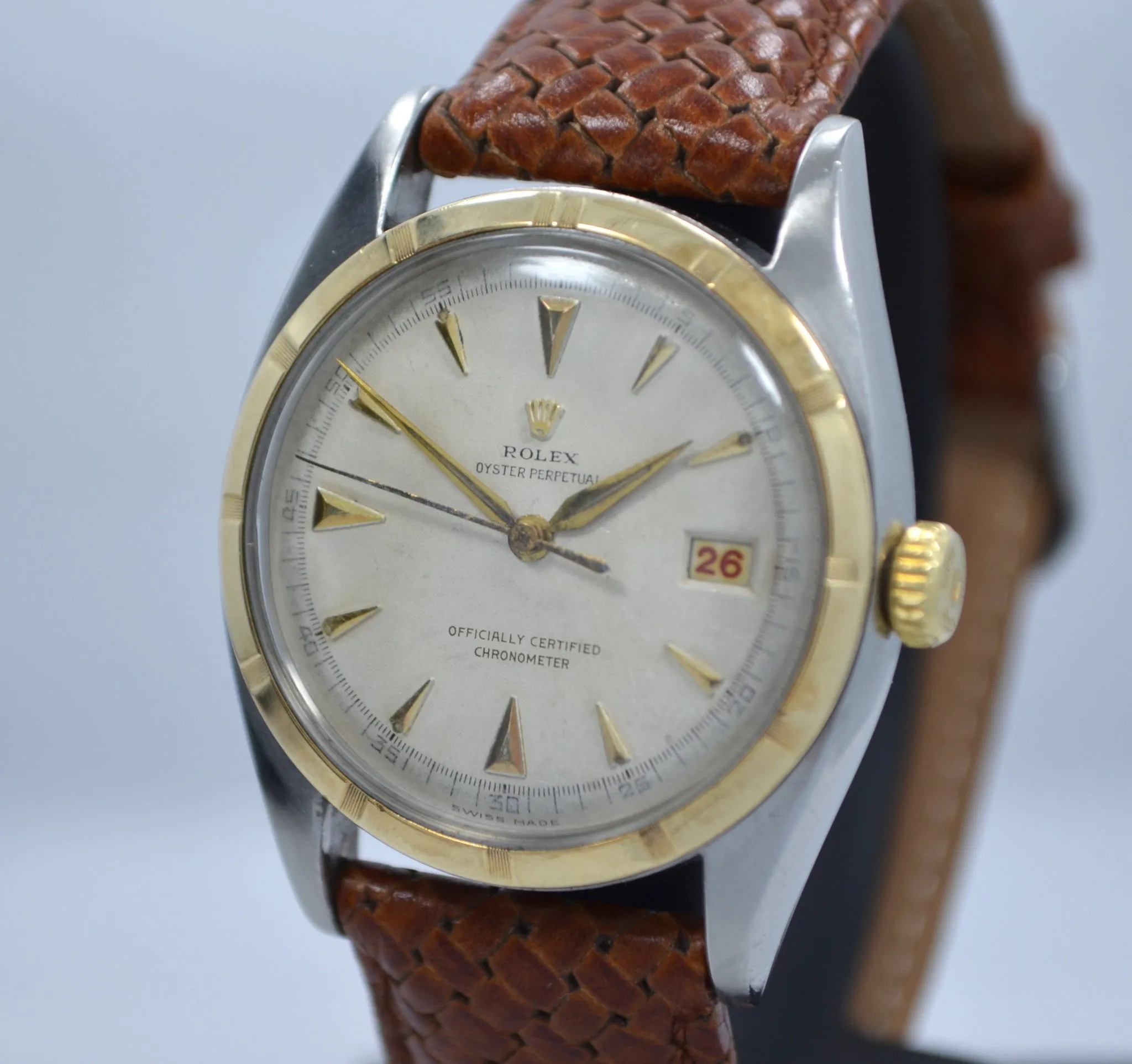 Vintage Rolex 6105 Oyster Perpetual 18K Gold Steel Red Date Automatic 1950 Watch