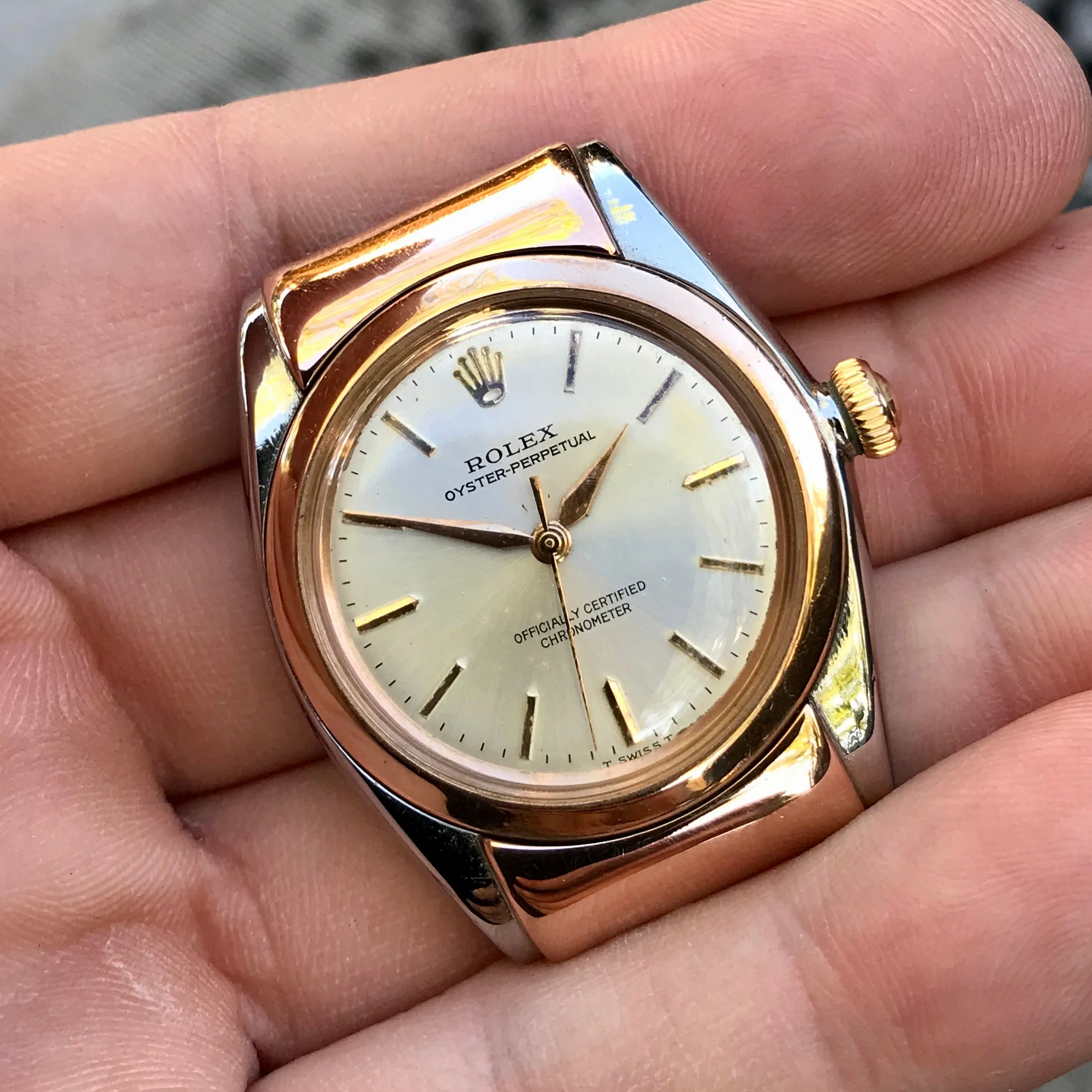 Vintage Rolex Bubbleback 3065 Hood Lugs Pink Gold Steel Automatic Wristwatch