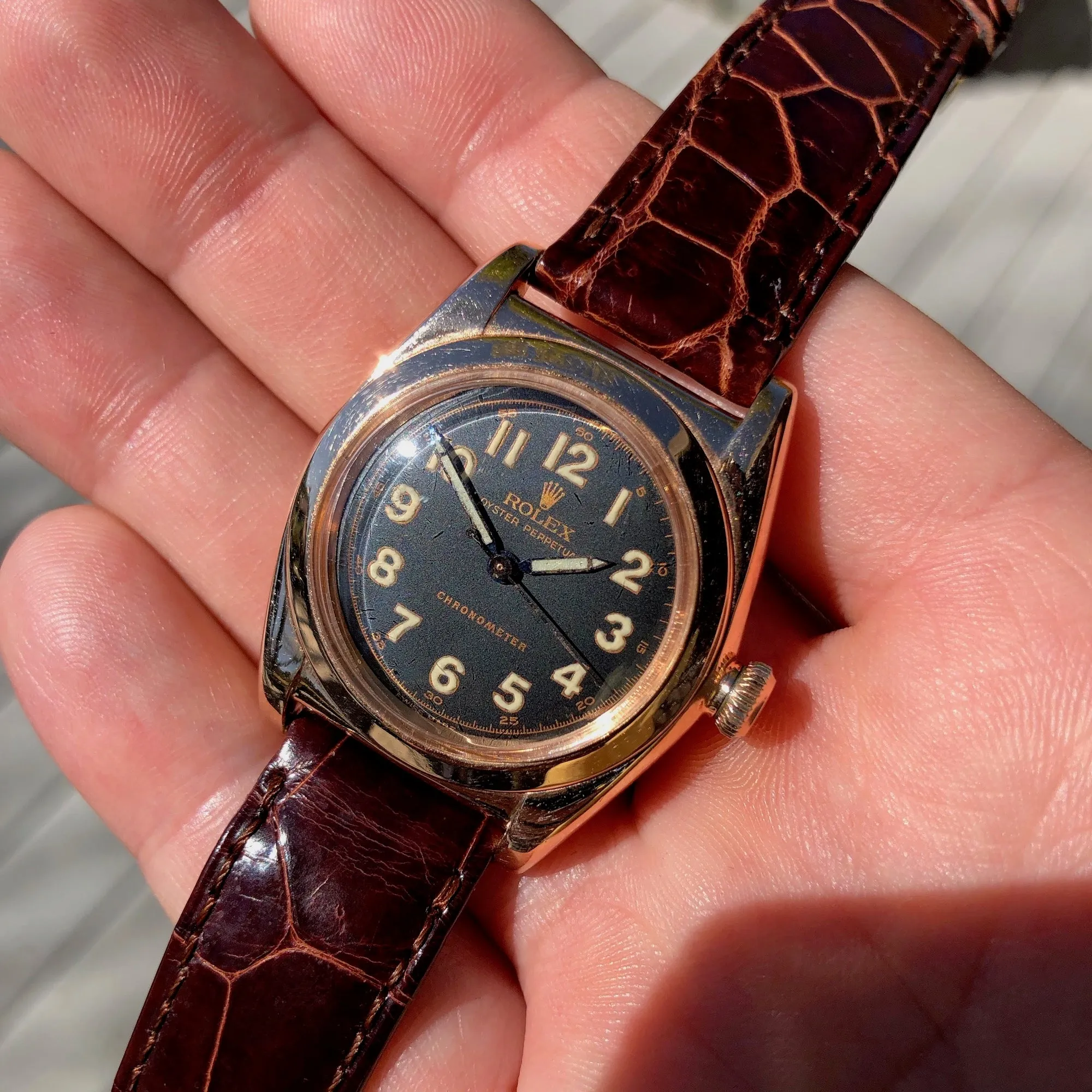Vintage Rolex Bubbleback 3131 14K Rose Gold Chronometer Automatic Watch Circa 1946