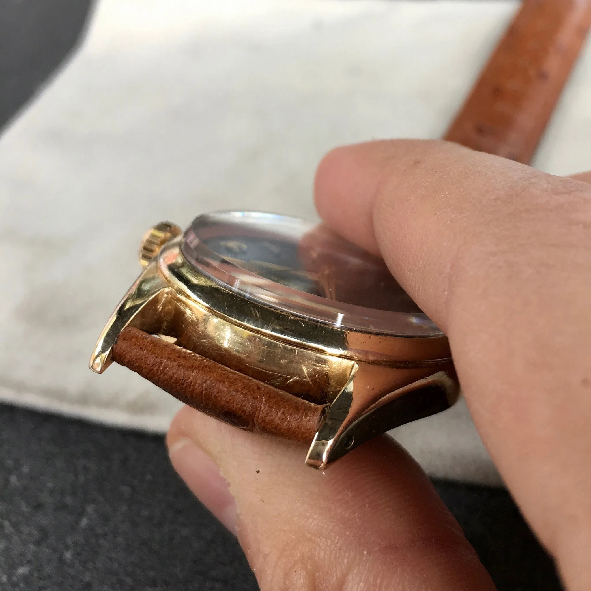 Vintage Rolex Oyster Perpetual 6634 "Golden Egg" Gold Capped Gilt Black Waffle Wristwatch