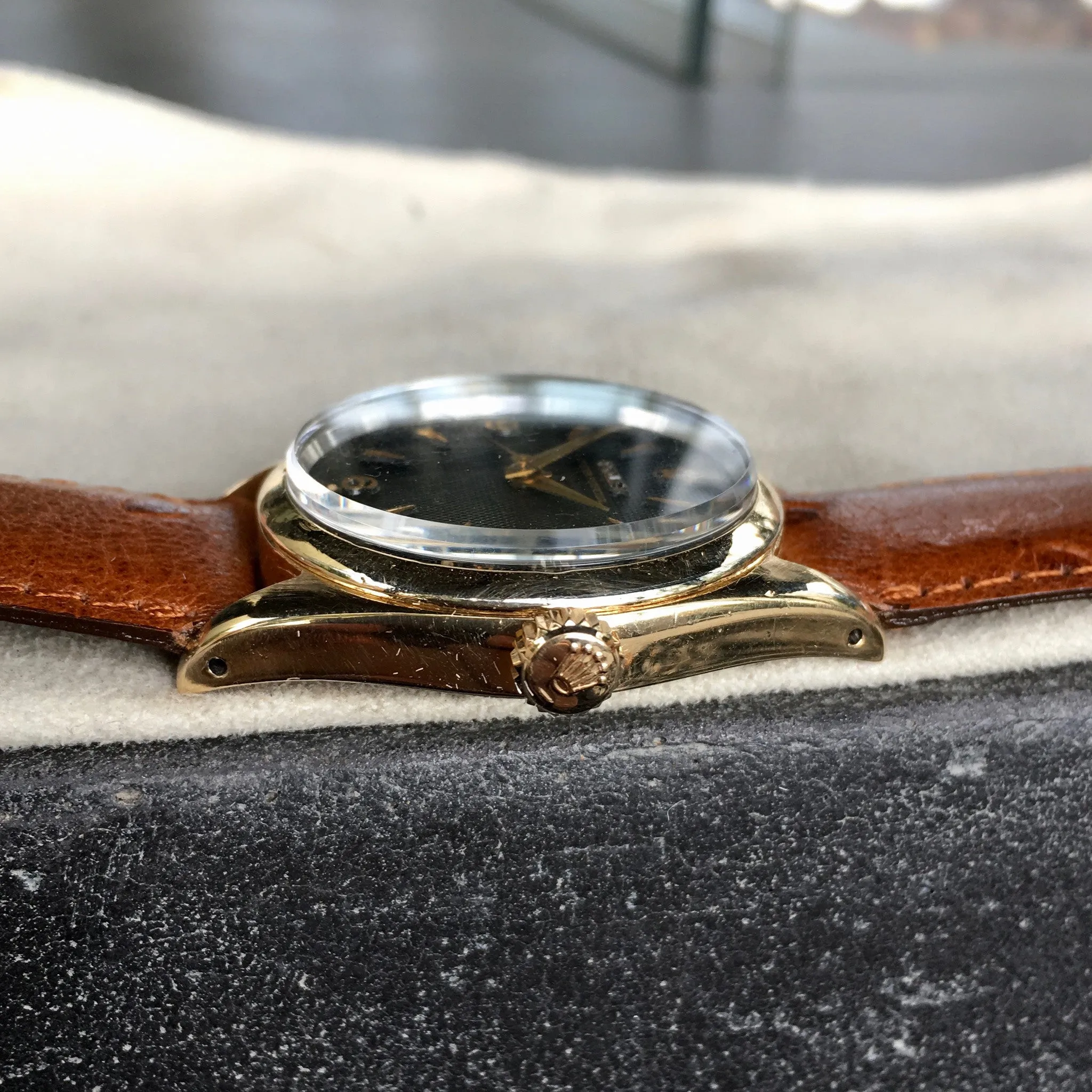 Vintage Rolex Oyster Perpetual 6634 "Golden Egg" Gold Capped Gilt Black Waffle Wristwatch