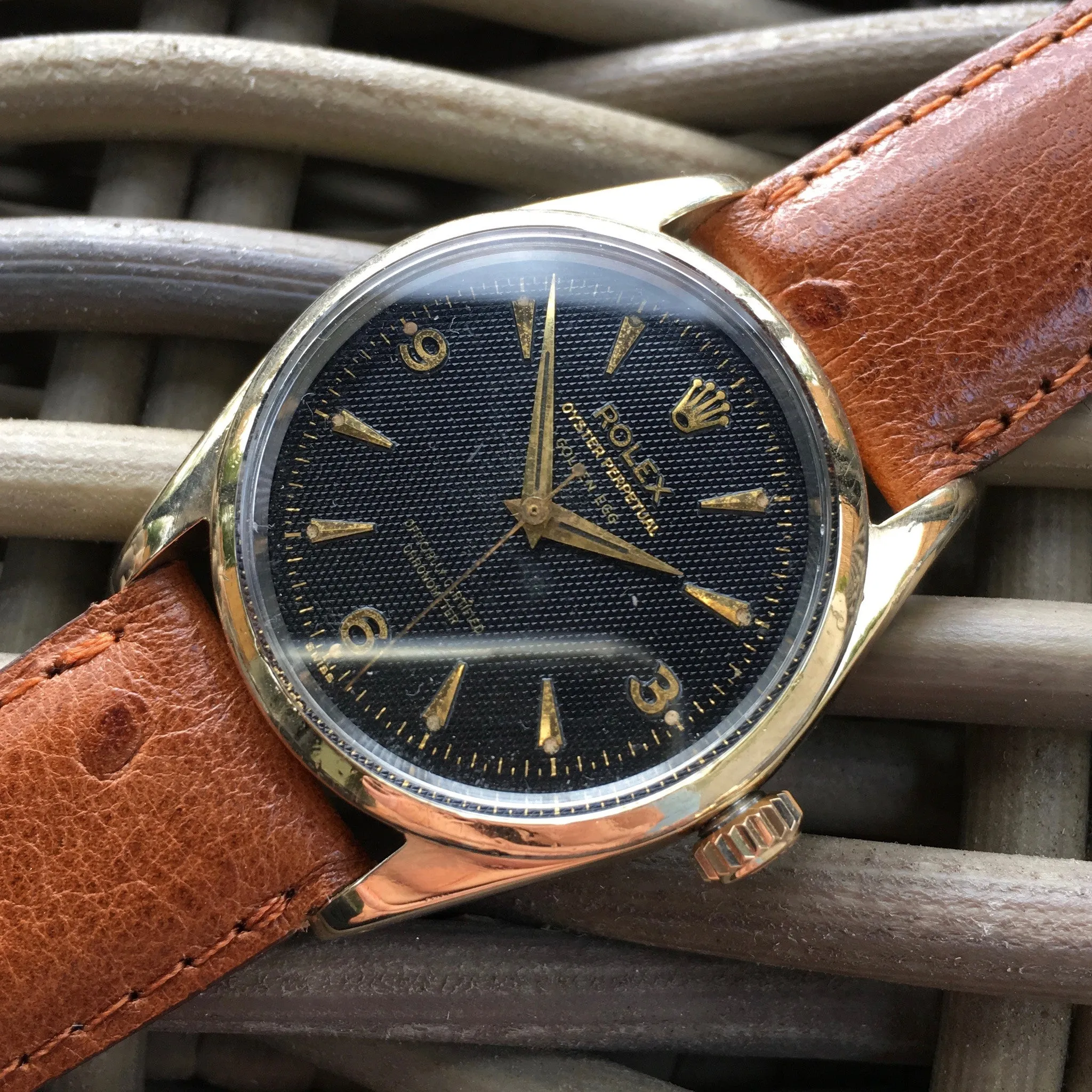 Vintage Rolex Oyster Perpetual 6634 "Golden Egg" Gold Capped Gilt Black Waffle Wristwatch