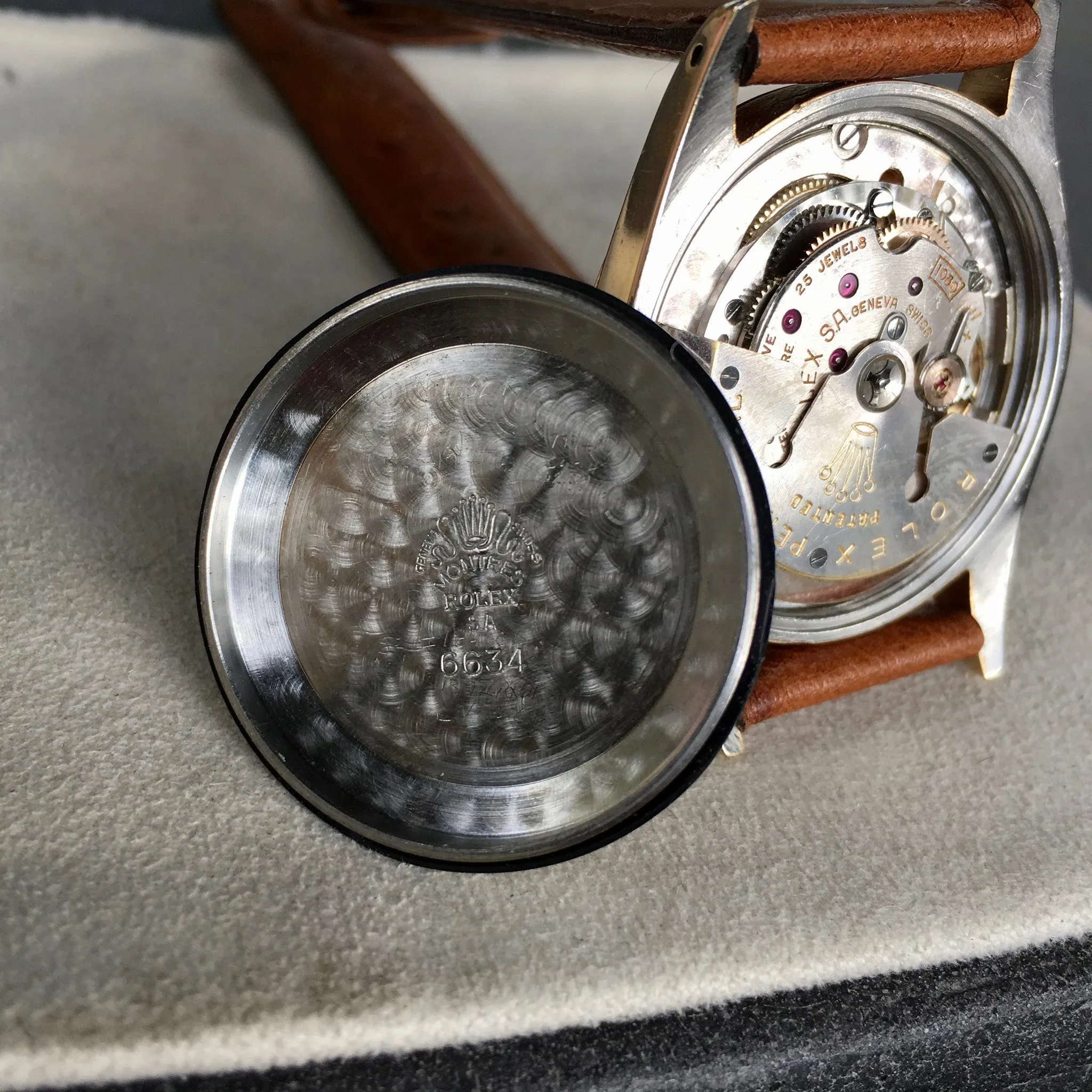 Vintage Rolex Oyster Perpetual 6634 "Golden Egg" Gold Capped Gilt Black Waffle Wristwatch