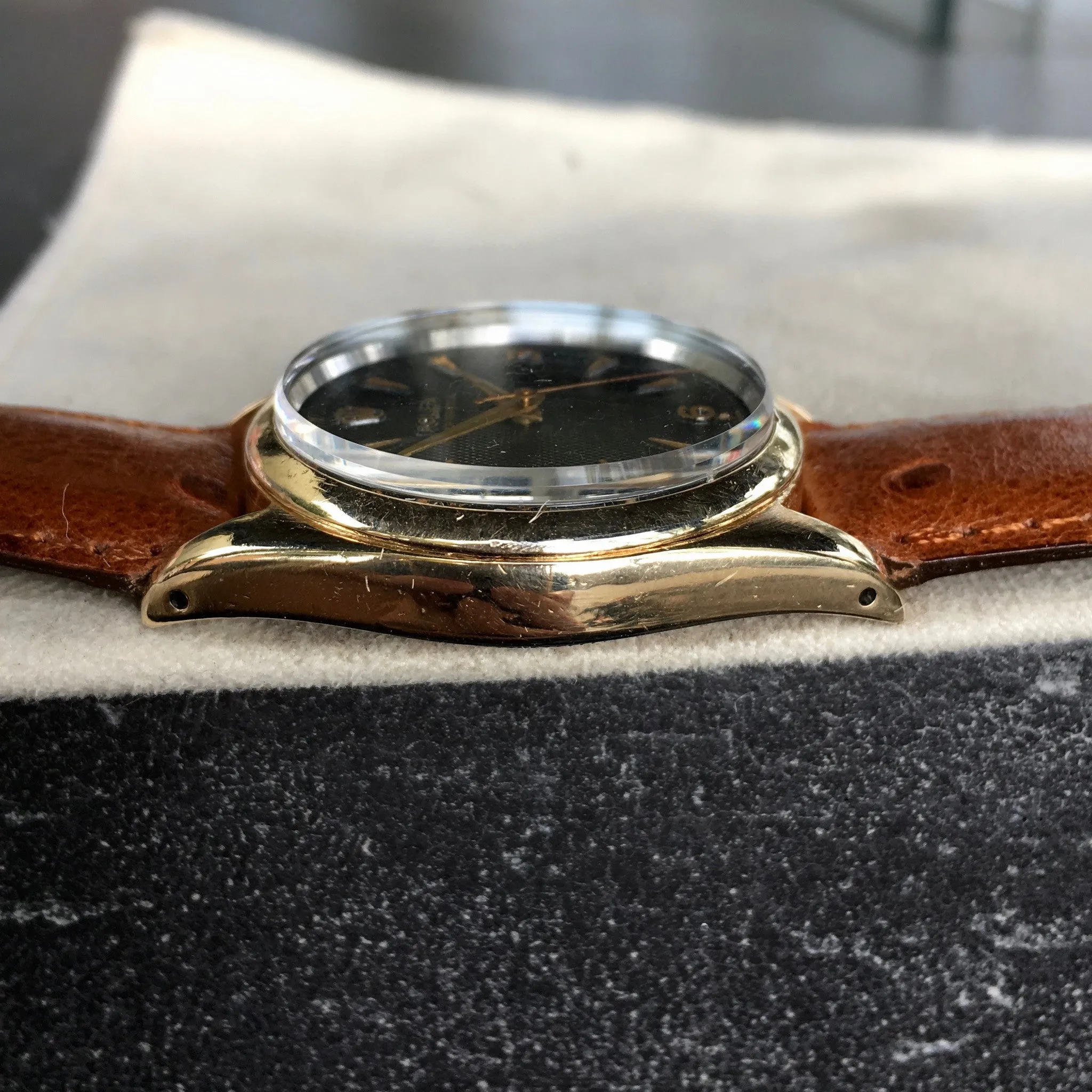 Vintage Rolex Oyster Perpetual 6634 "Golden Egg" Gold Capped Gilt Black Waffle Wristwatch