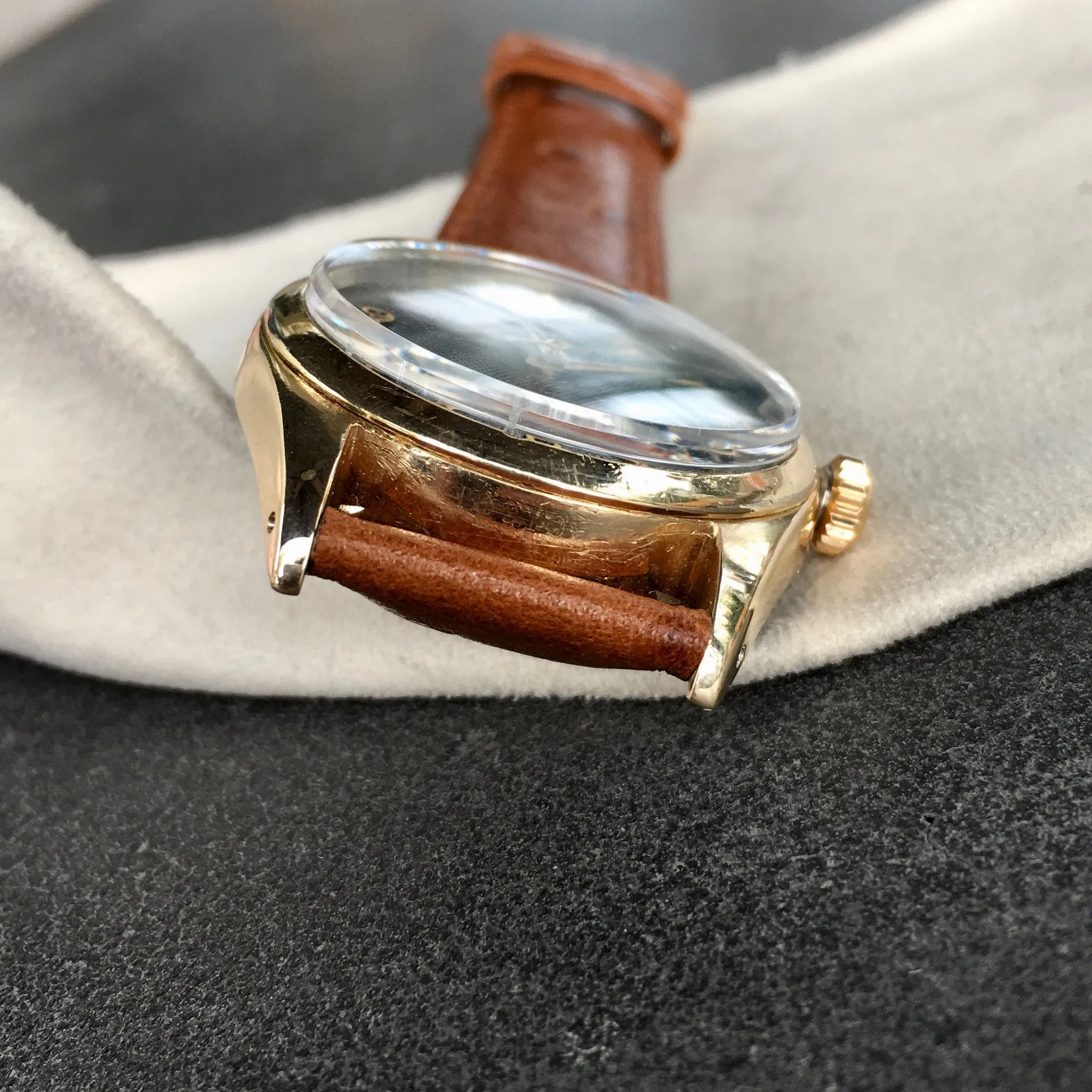 Vintage Rolex Oyster Perpetual 6634 "Golden Egg" Gold Capped Gilt Black Waffle Wristwatch