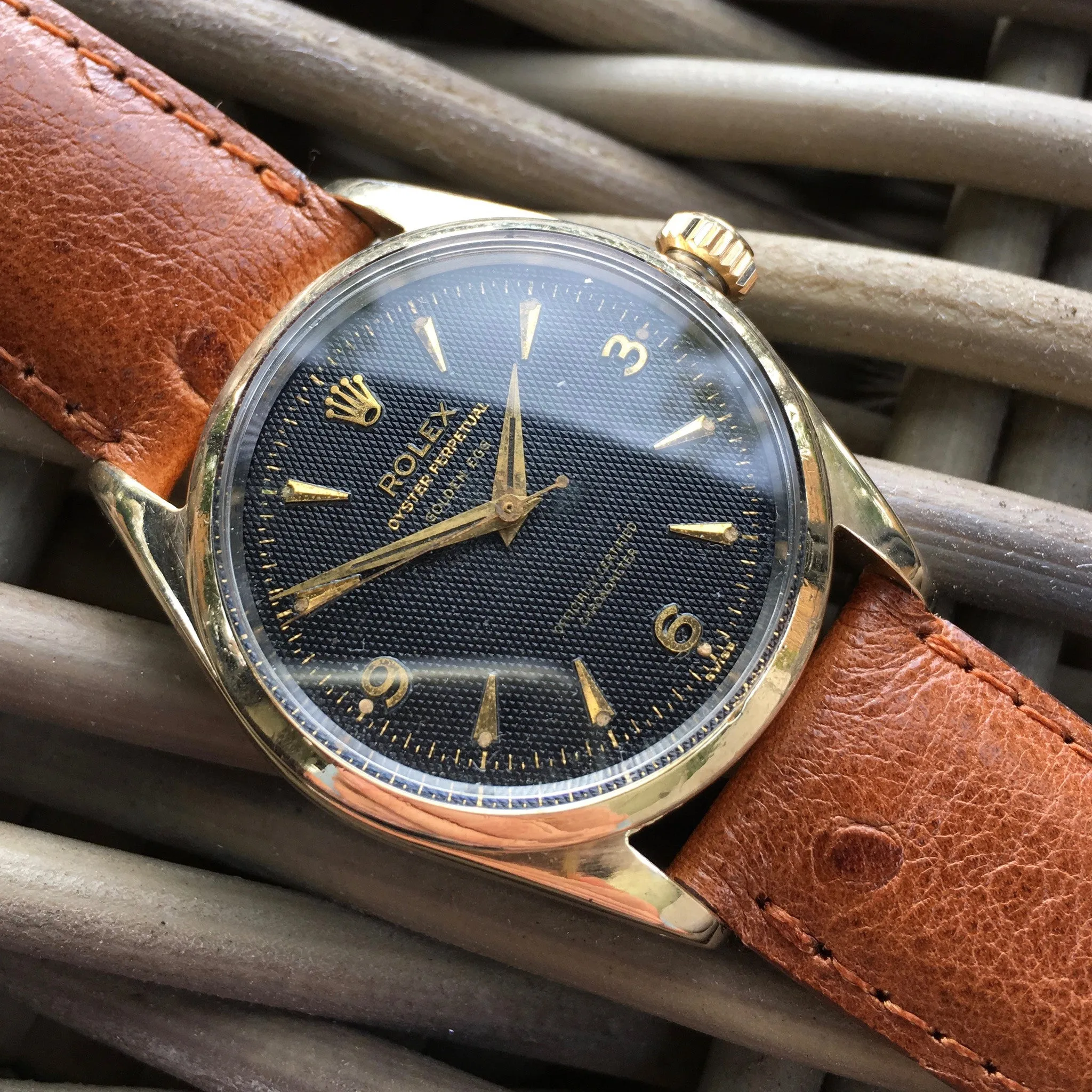 Vintage Rolex Oyster Perpetual 6634 "Golden Egg" Gold Capped Gilt Black Waffle Wristwatch
