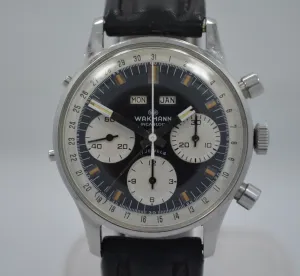 Vintage Wakmann Incabloc Chronograph Valjoux 72 1960's Steel Triple Date Watch