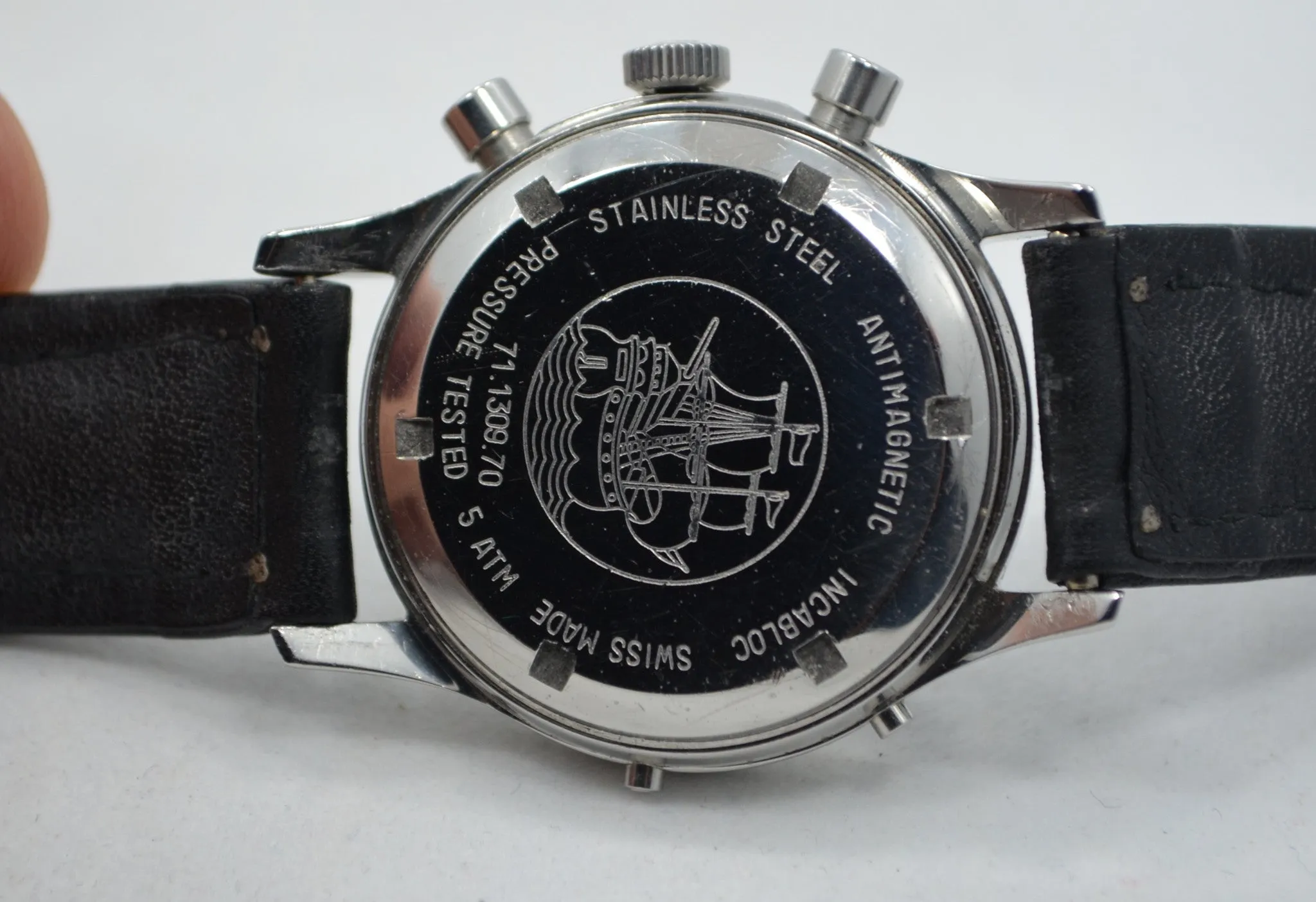 Vintage Wakmann Incabloc Chronograph Valjoux 72 1960's Steel Triple Date Watch
