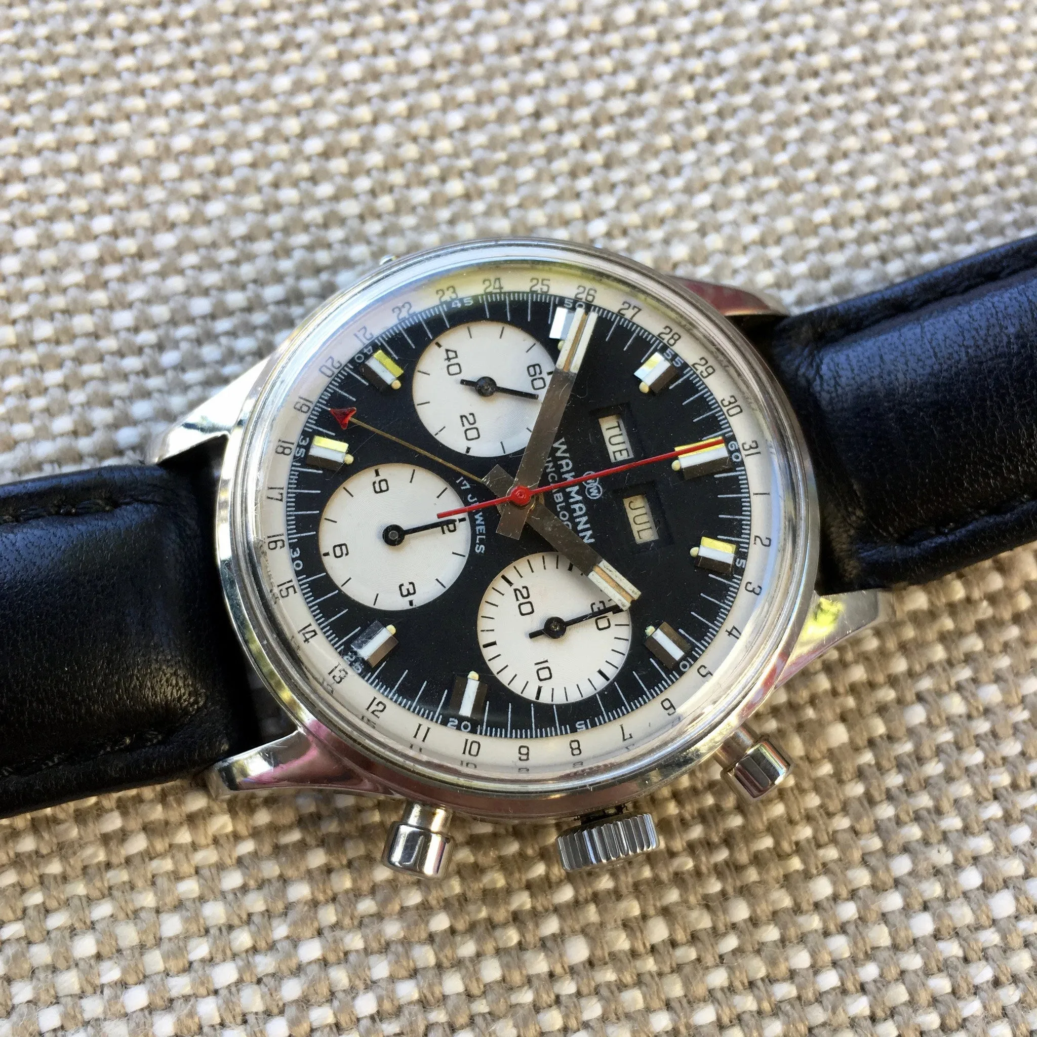 Vintage Wakmann Steel Chronograph Triple Date 71.1309.70 Valjoux 726 Wristwatch
