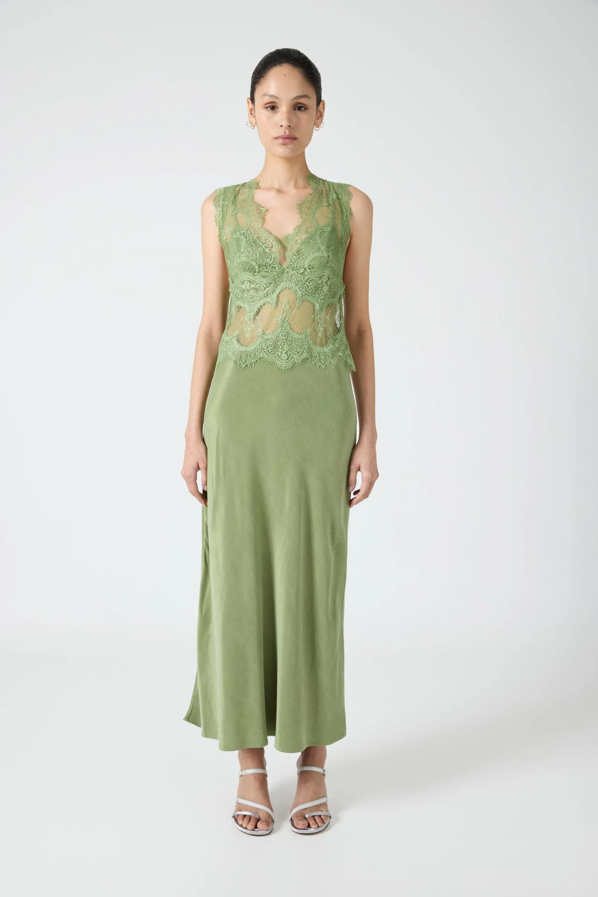 VISIONS LACE DEEP V MAXI DRESS | SAGE