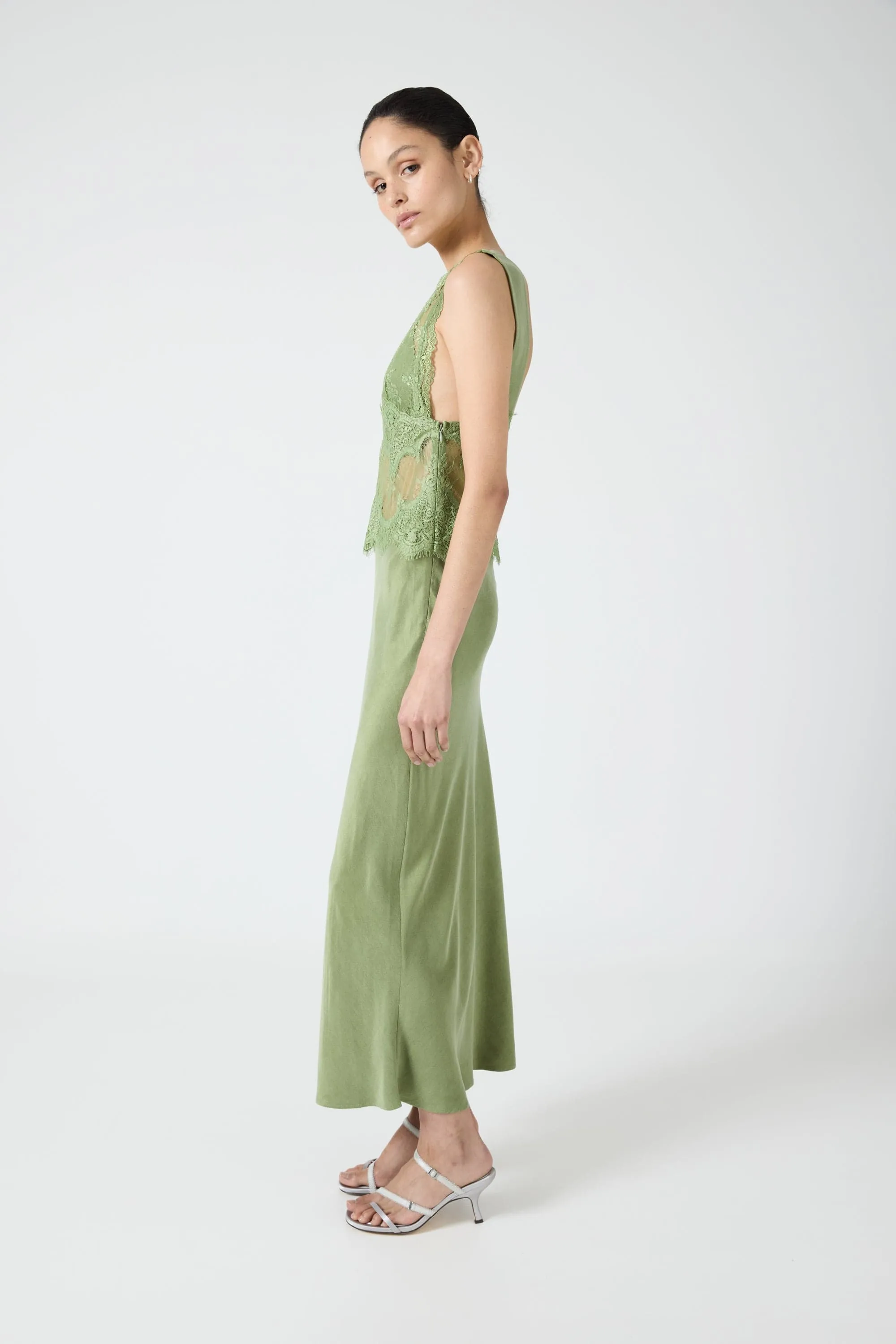 VISIONS LACE DEEP V MAXI DRESS | SAGE