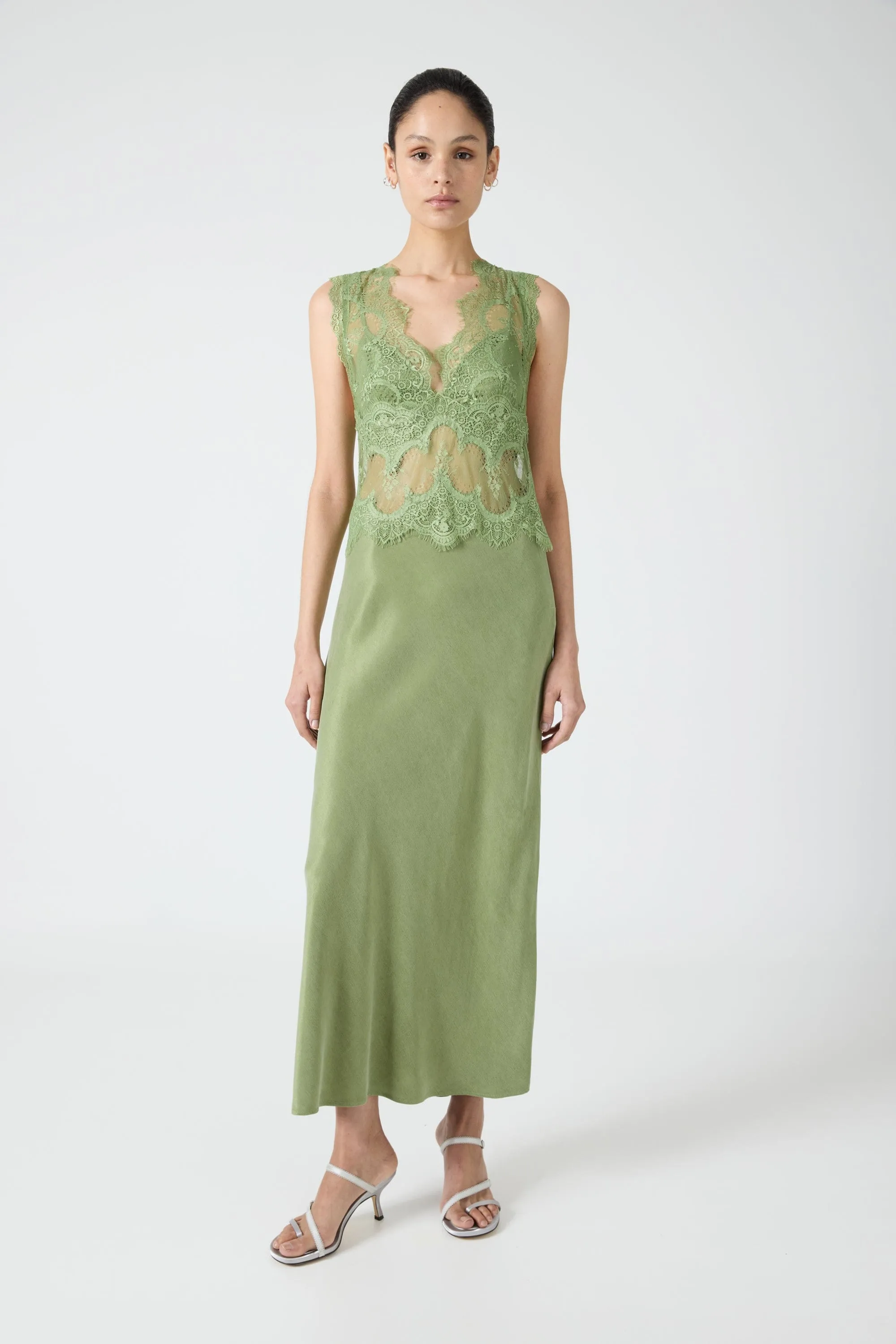 VISIONS LACE DEEP V MAXI DRESS | SAGE