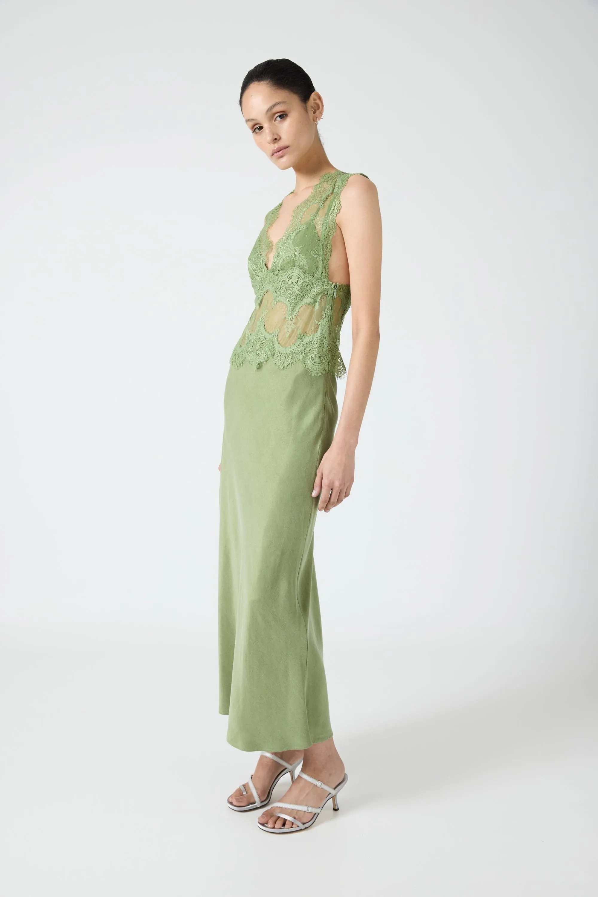 VISIONS LACE DEEP V MAXI DRESS | SAGE