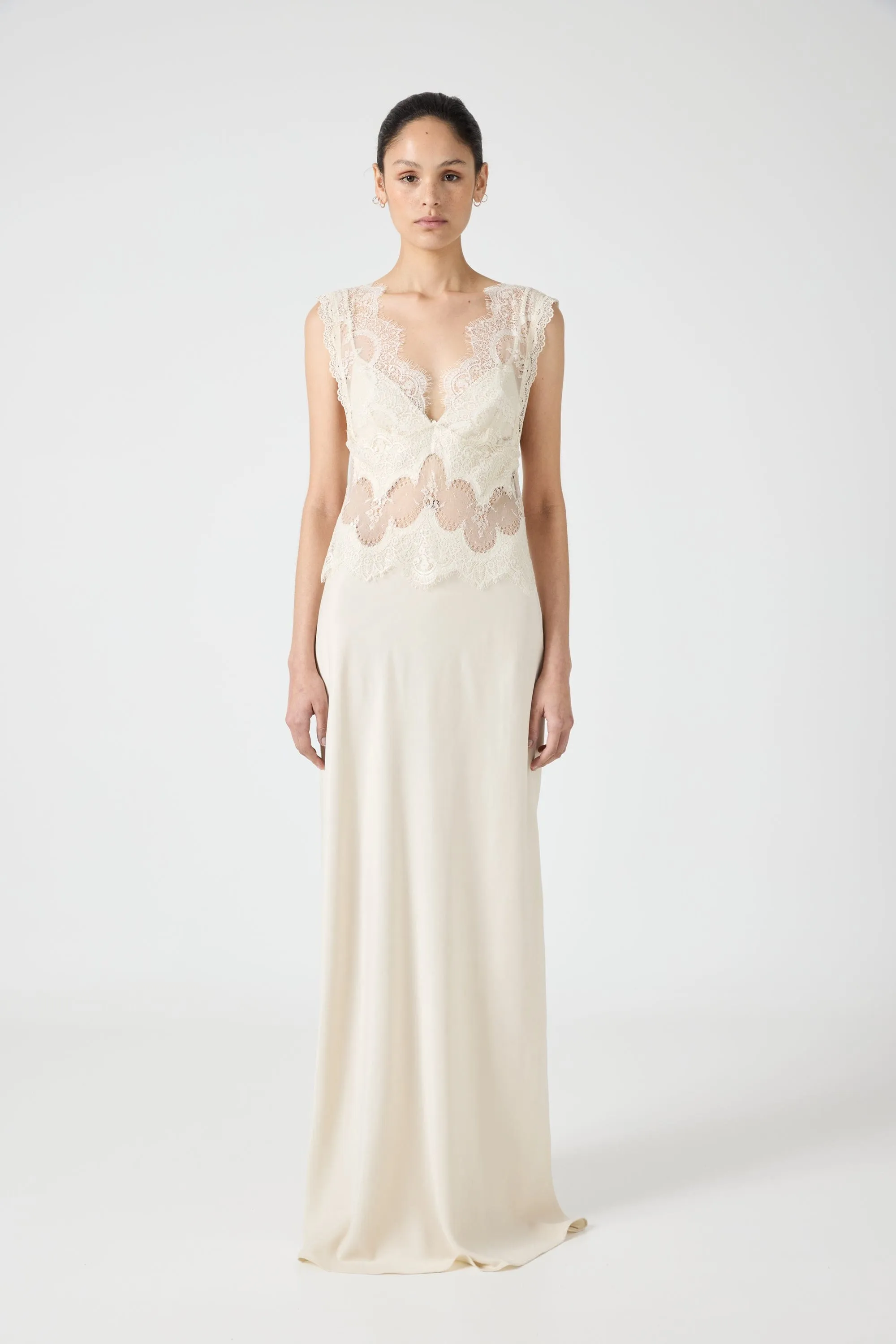VISIONS LACE FLOOR LENGTH DRESS | BUTTERCREAM