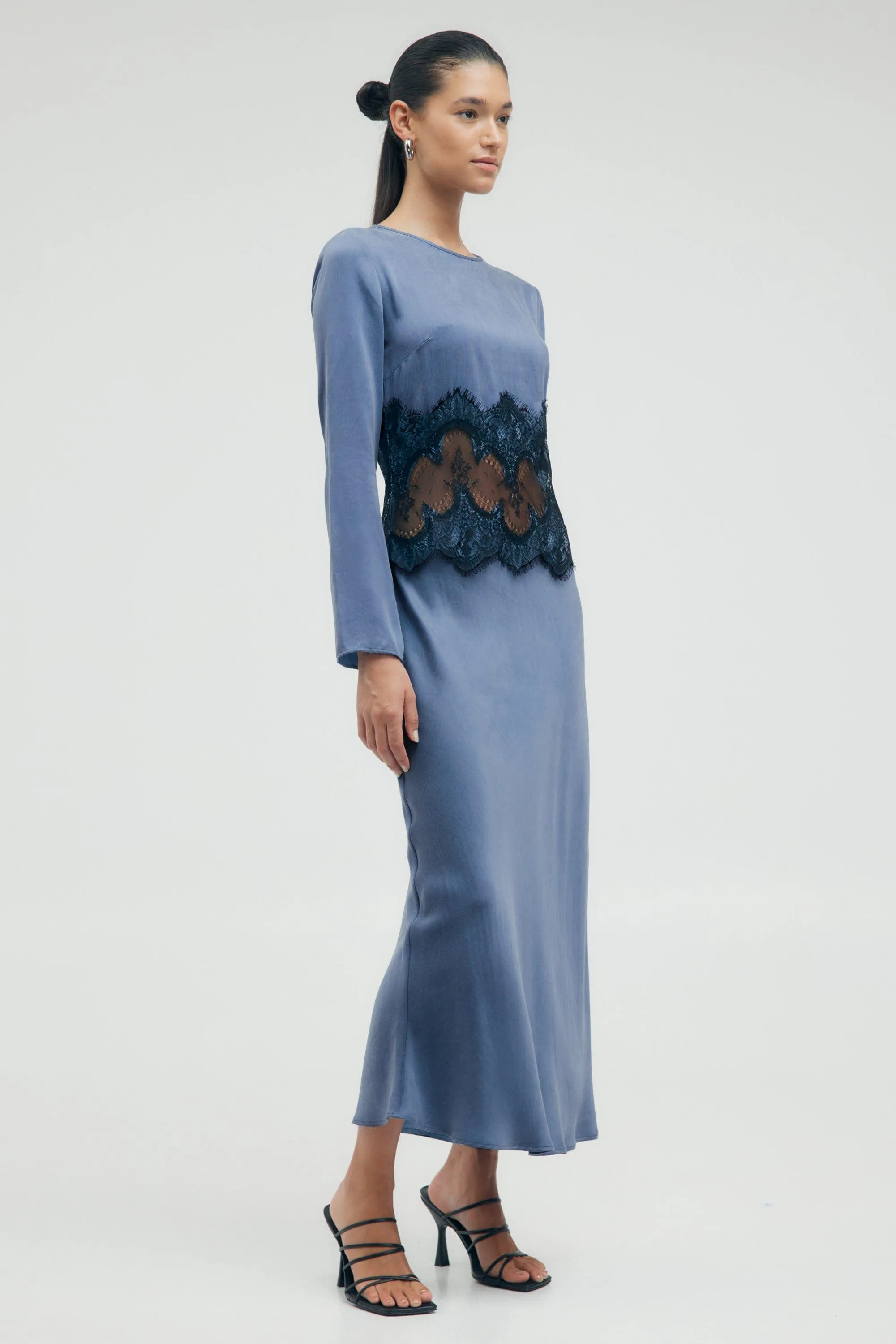 VISIONS LACE TRIM LS MAXI DRESS | SAPPHIRE
