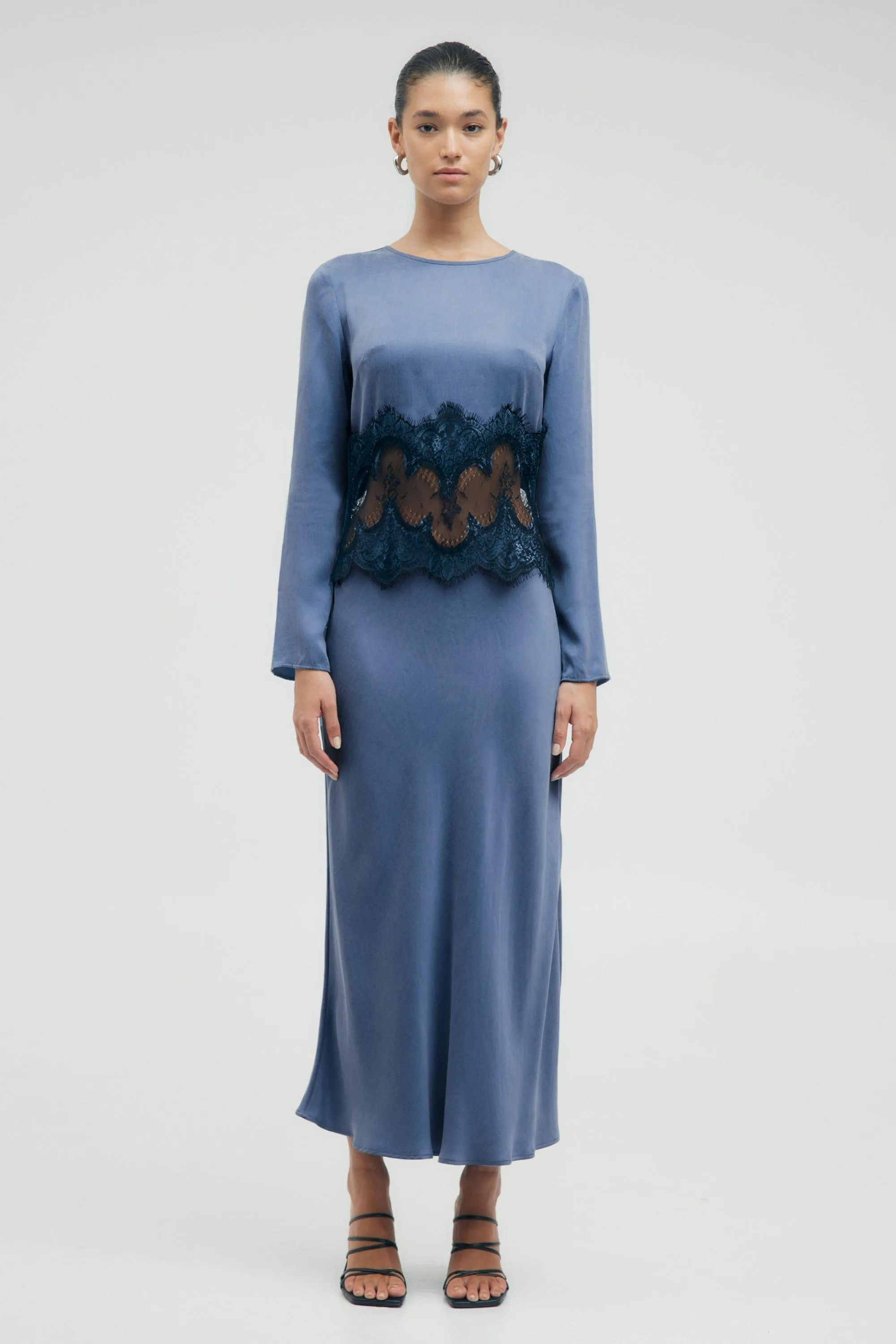 VISIONS LACE TRIM LS MAXI DRESS | SAPPHIRE