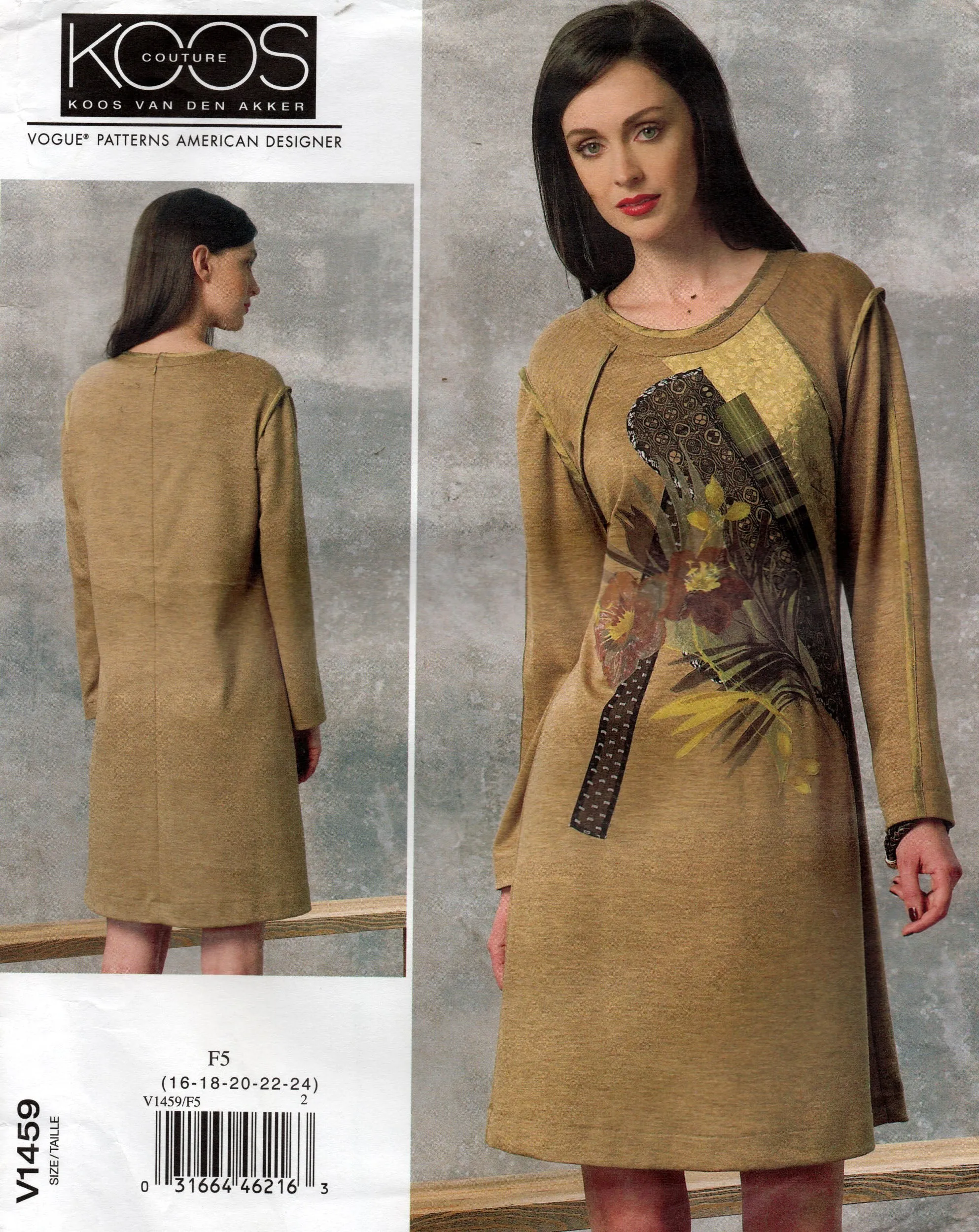 Vogue American Designer V1459 KOOS Van Den Akker Womens Stretch Applique Front Dress Out Of Print Sewing Pattern Size 16 - 24 UNCUT Factory Folded