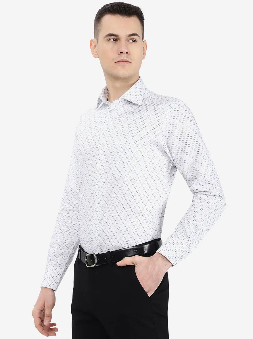 White & Blue Printed Slim Fit Formal Shirt | Metal