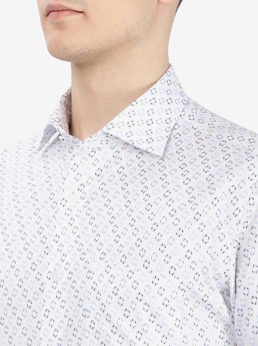 White & Blue Printed Slim Fit Formal Shirt | Metal