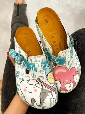 White and Blue Aqua Dentist Patterned Clogs - WCAL326