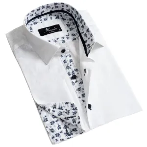 White and Blue Floral Dark Purple Men's Slim Fit French Cuff Shirts with Cufflink Holes - Casual and Formal